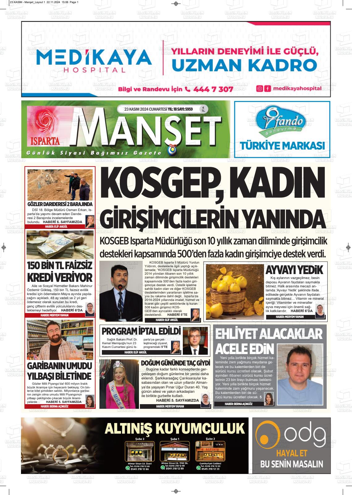 23 Kasım 2024 Isparta Manşet Gazete Manşeti