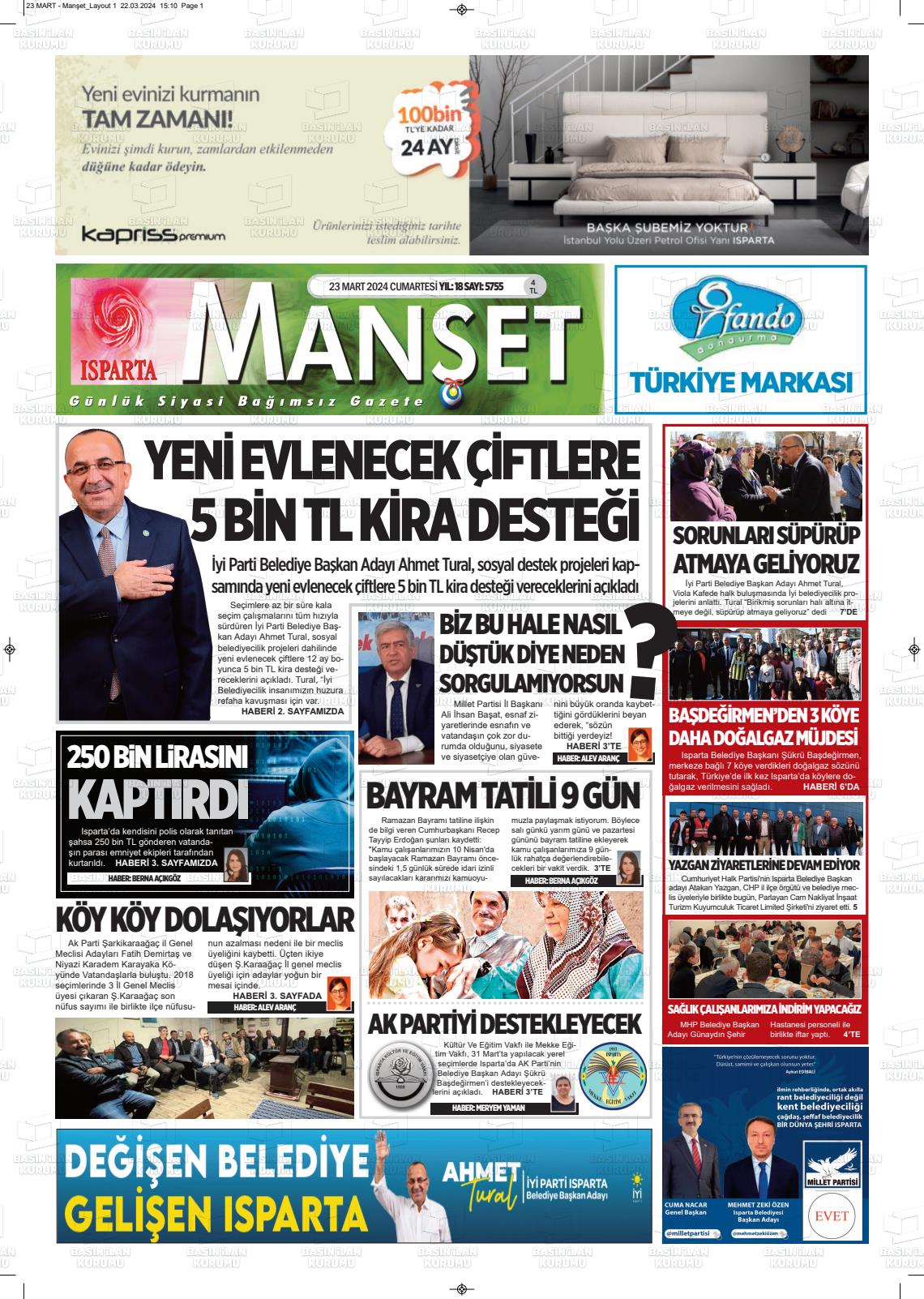 23 Mart 2024 Isparta Manşet Gazete Manşeti