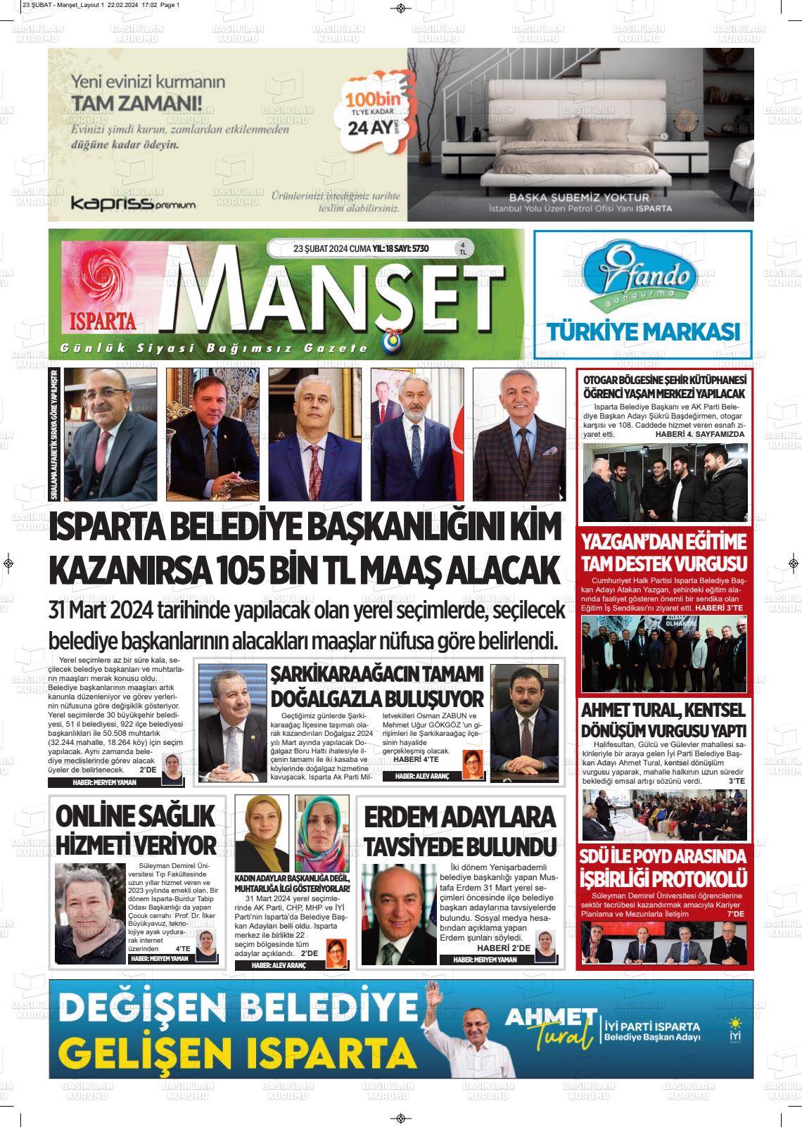 23 Şubat 2024 Isparta Manşet Gazete Manşeti