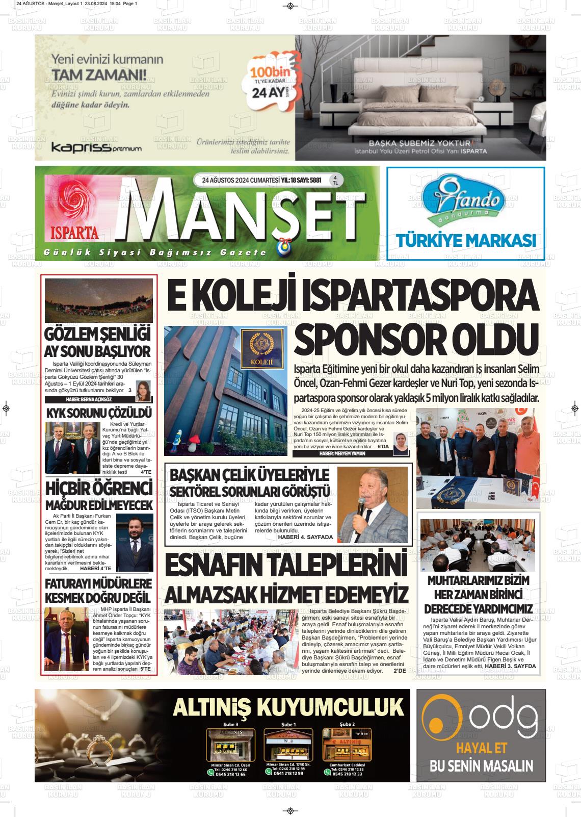 24 Ağustos 2024 Isparta Manşet Gazete Manşeti