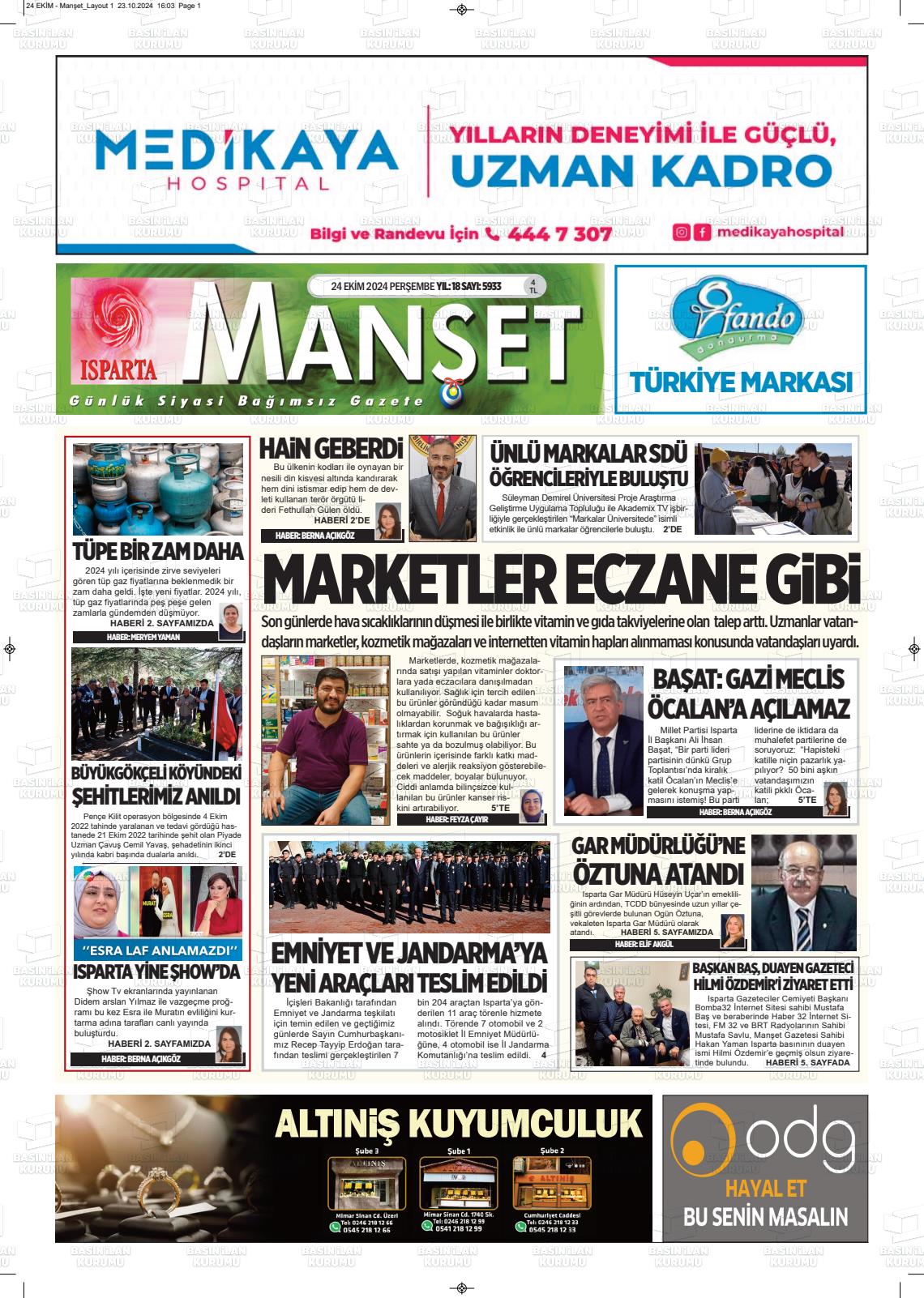 24 Ekim 2024 Isparta Manşet Gazete Manşeti