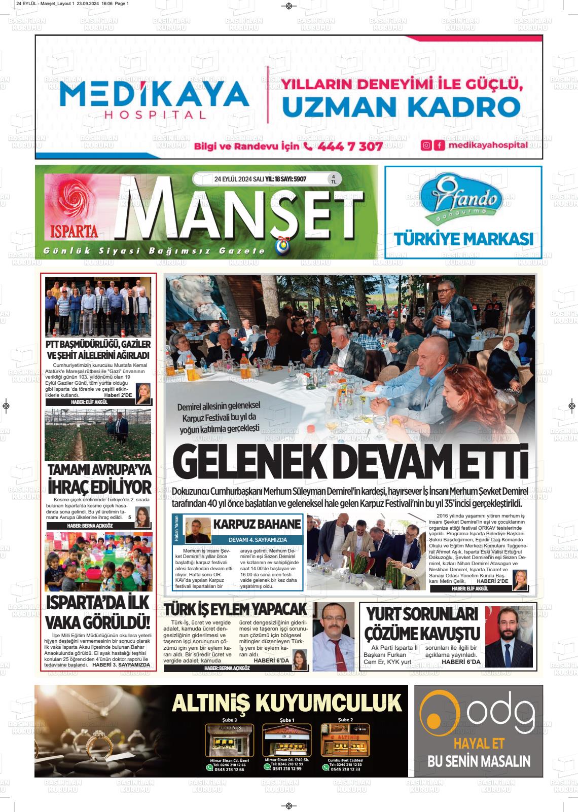 25 Eylül 2024 Isparta Manşet Gazete Manşeti