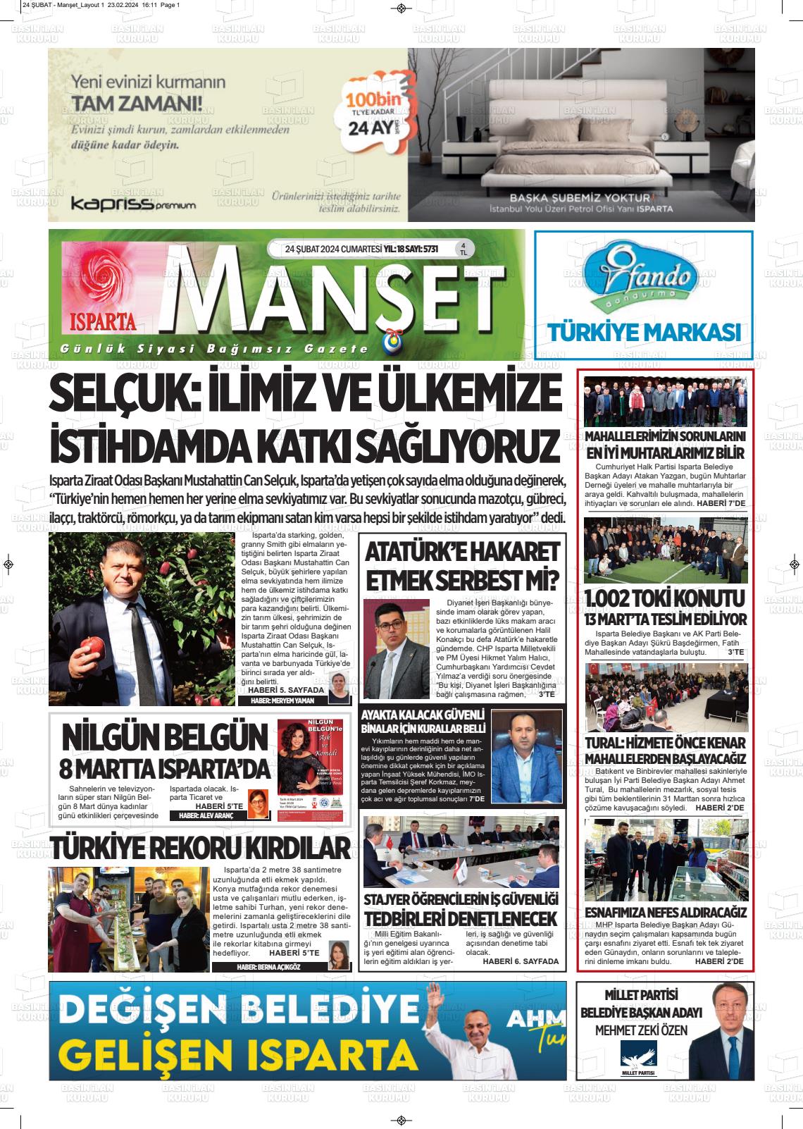 24 Şubat 2024 Isparta Manşet Gazete Manşeti