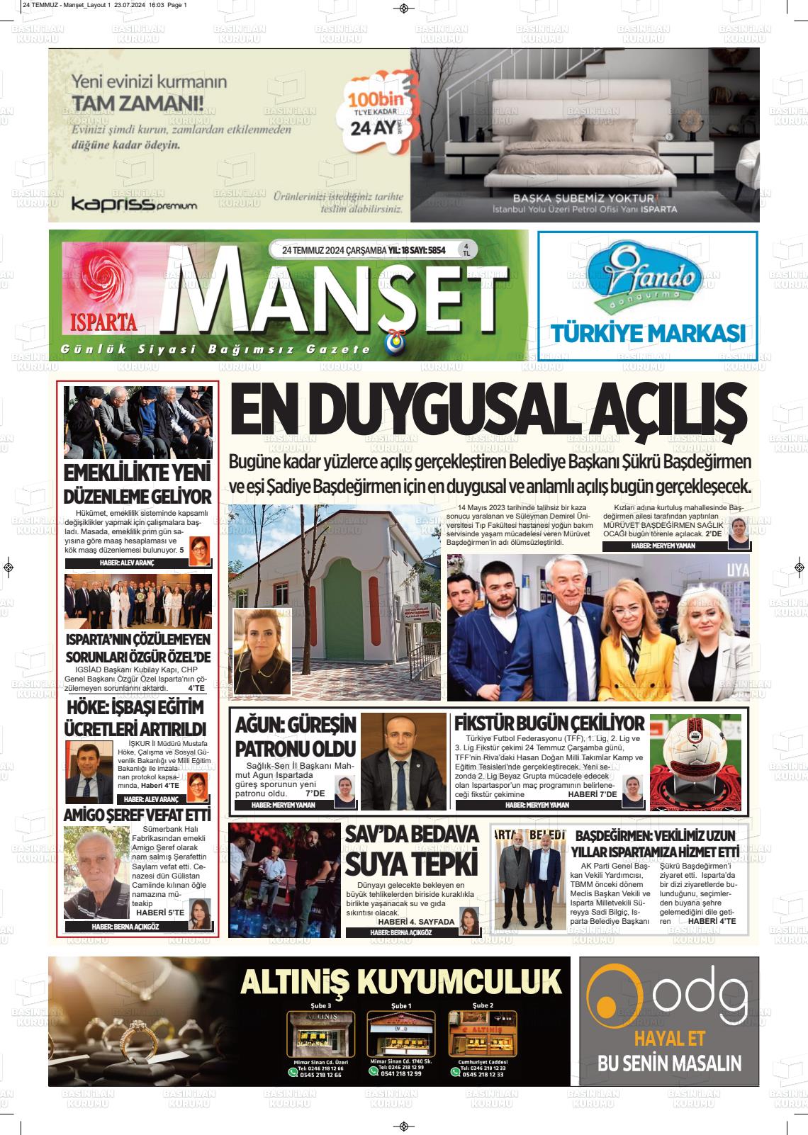 24 Temmuz 2024 Isparta Manşet Gazete Manşeti