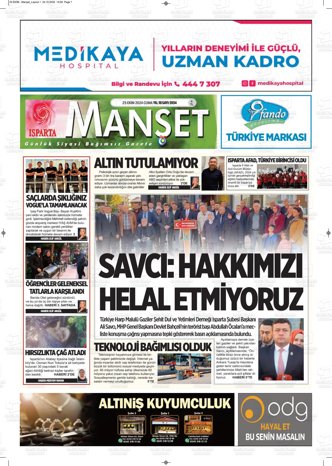 25 Ekim 2024 Isparta Manşet Gazete Manşeti