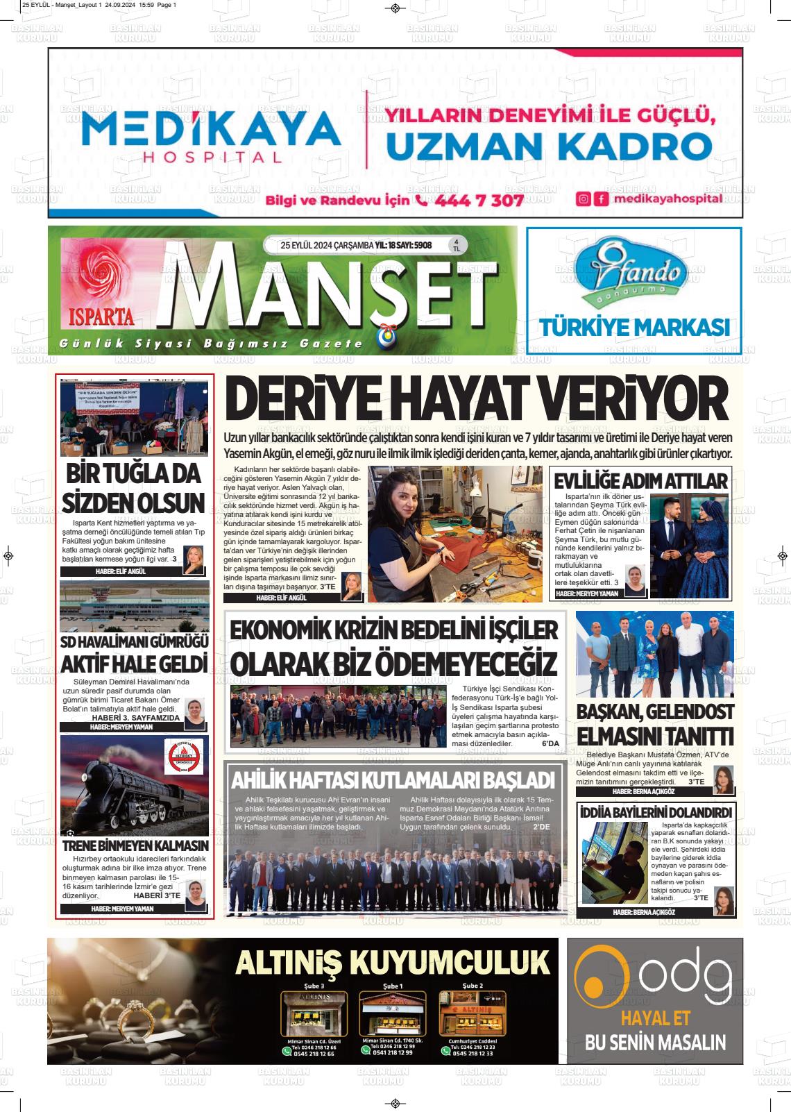 25 Eylül 2024 Isparta Manşet Gazete Manşeti