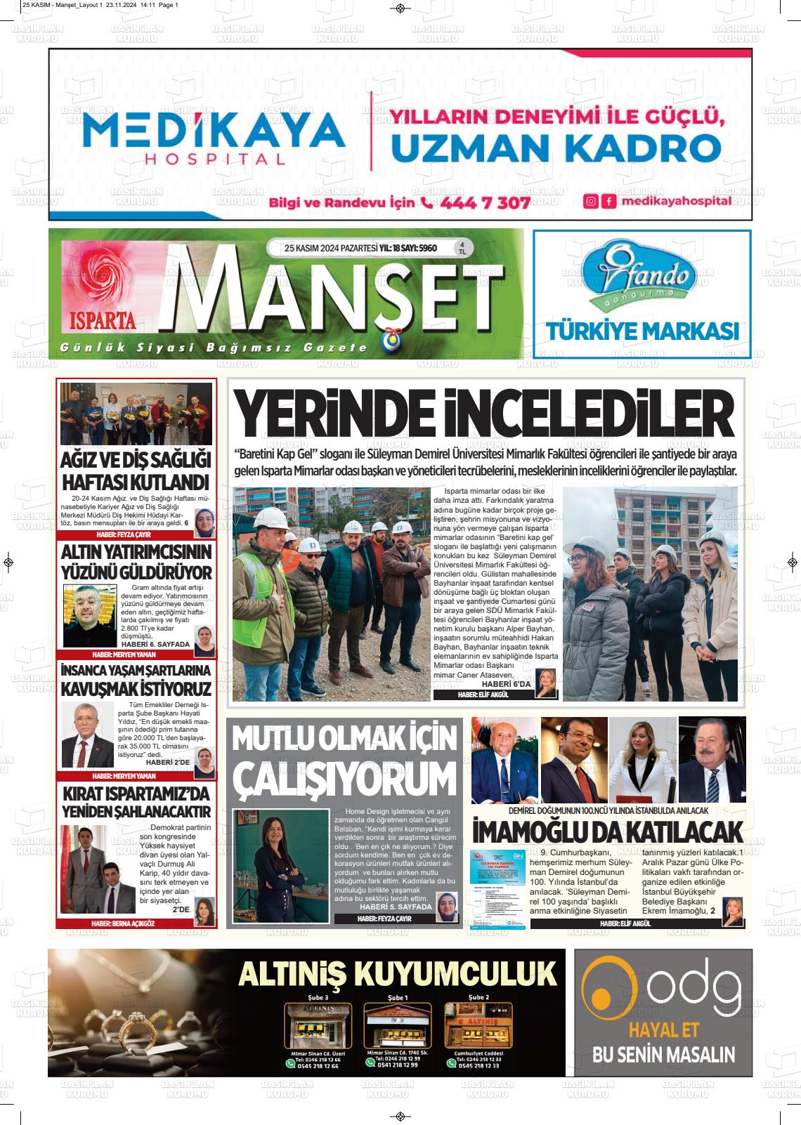 25 Kasım 2024 Isparta Manşet Gazete Manşeti