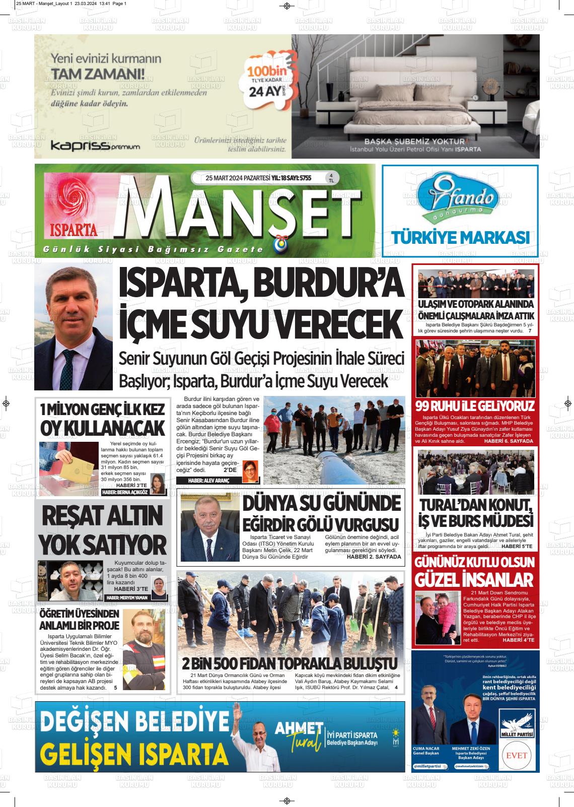 25 Mart 2024 Isparta Manşet Gazete Manşeti