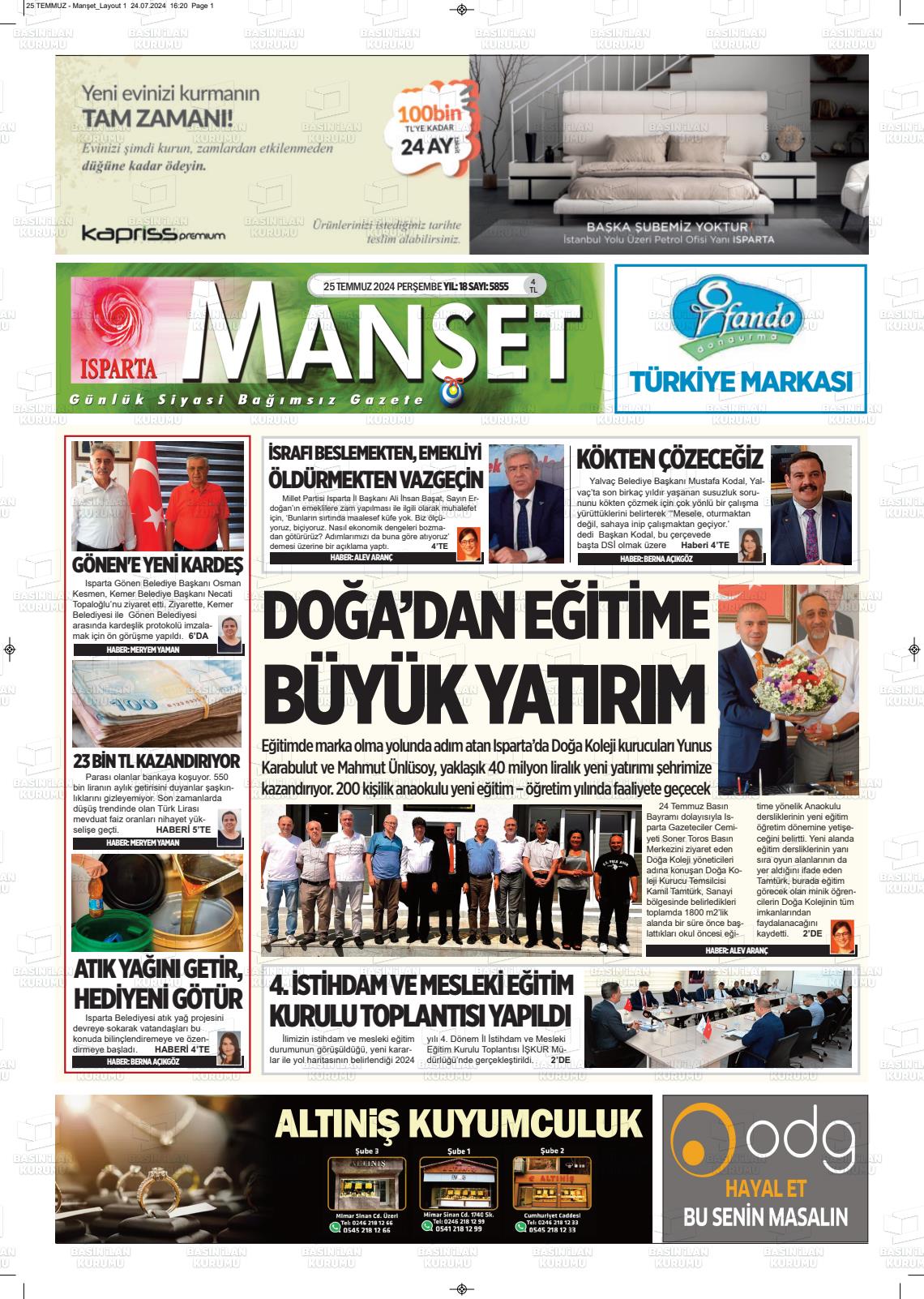 25 Temmuz 2024 Isparta Manşet Gazete Manşeti