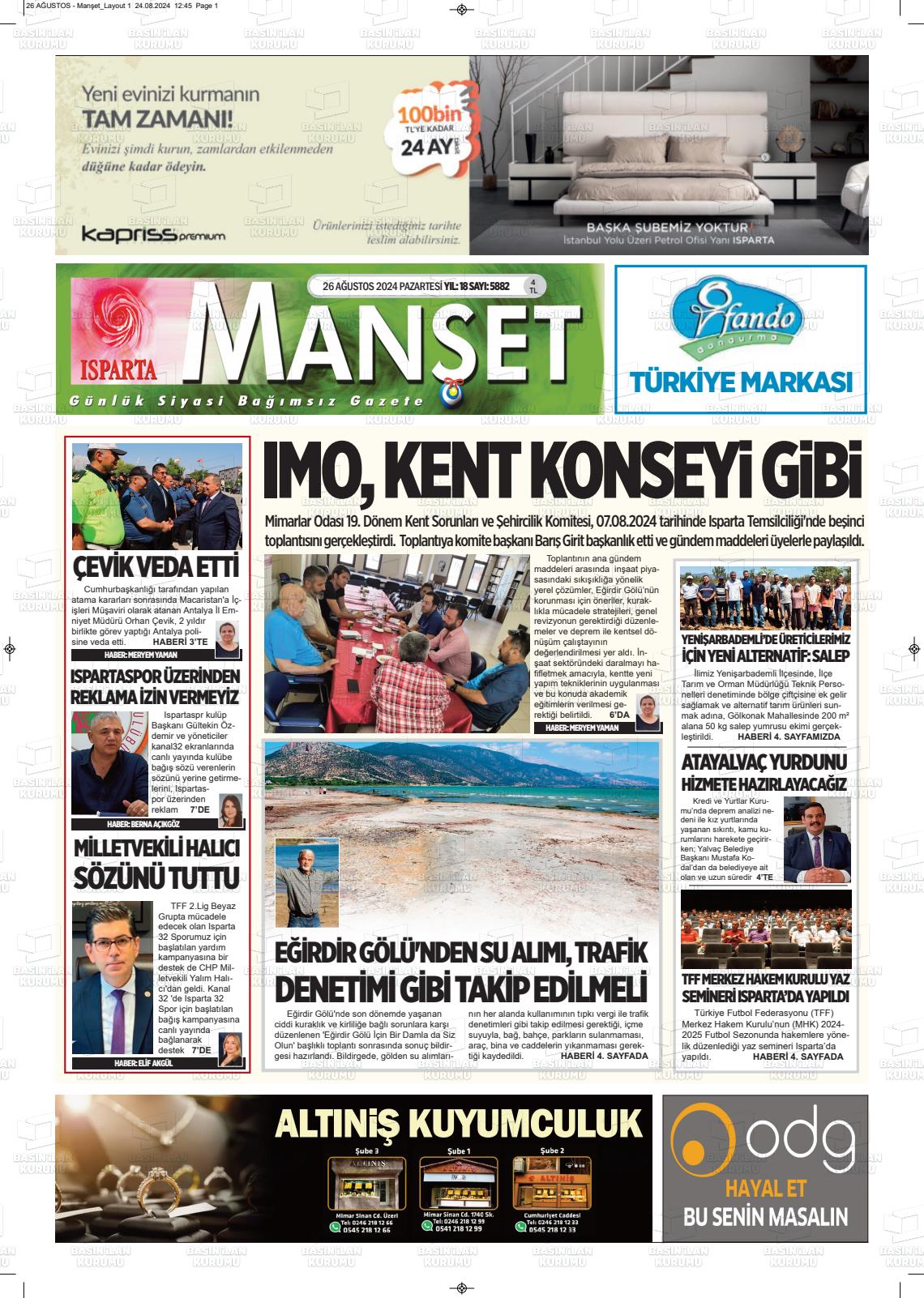 26 Ağustos 2024 Isparta Manşet Gazete Manşeti