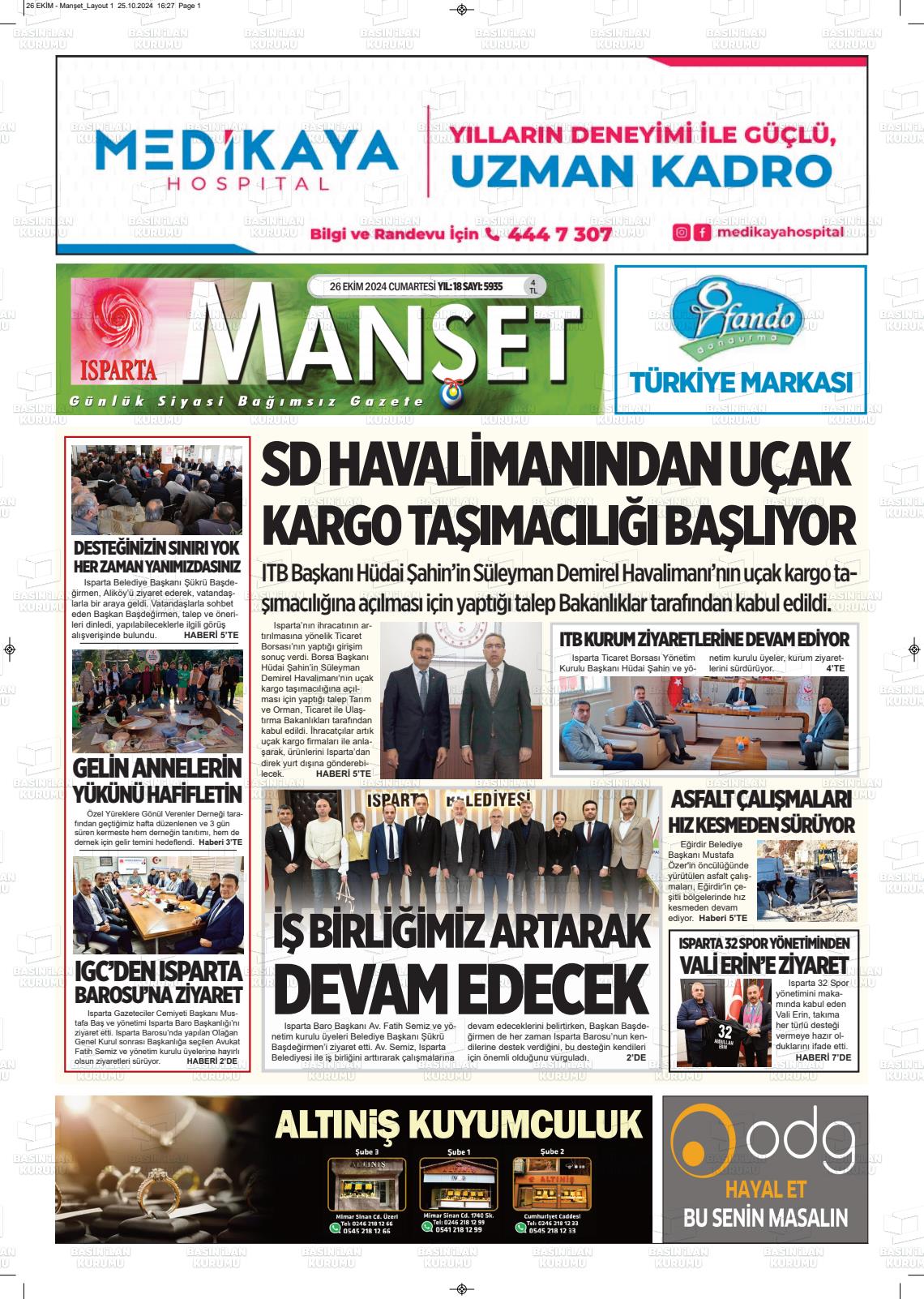 26 Ekim 2024 Isparta Manşet Gazete Manşeti