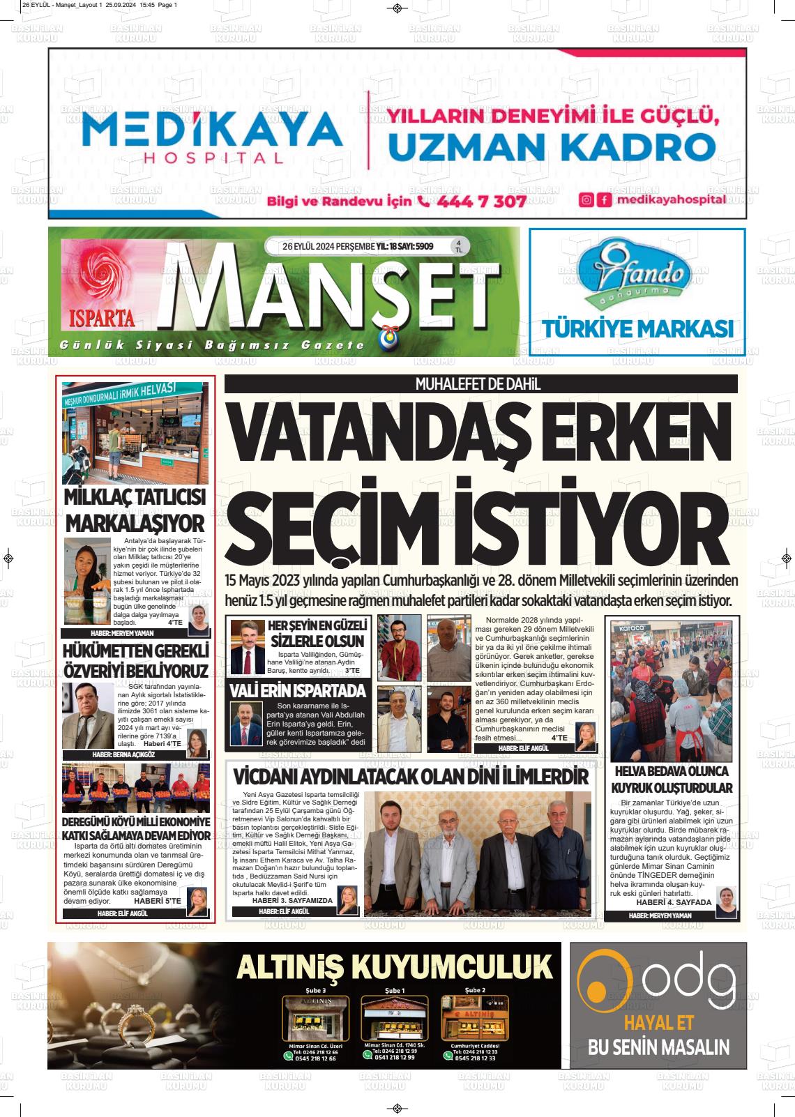 26 Eylül 2024 Isparta Manşet Gazete Manşeti