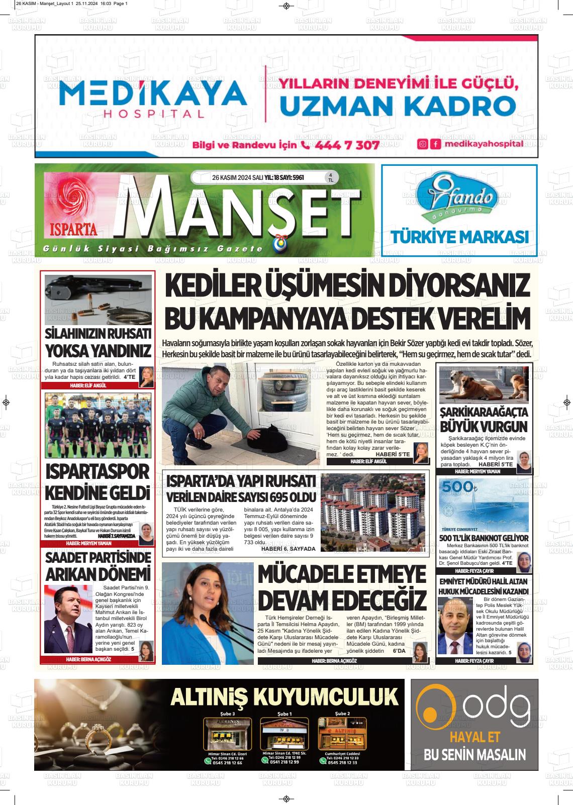 26 Kasım 2024 Isparta Manşet Gazete Manşeti