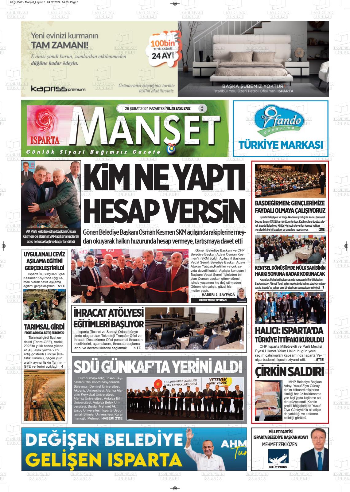 26 Şubat 2024 Isparta Manşet Gazete Manşeti