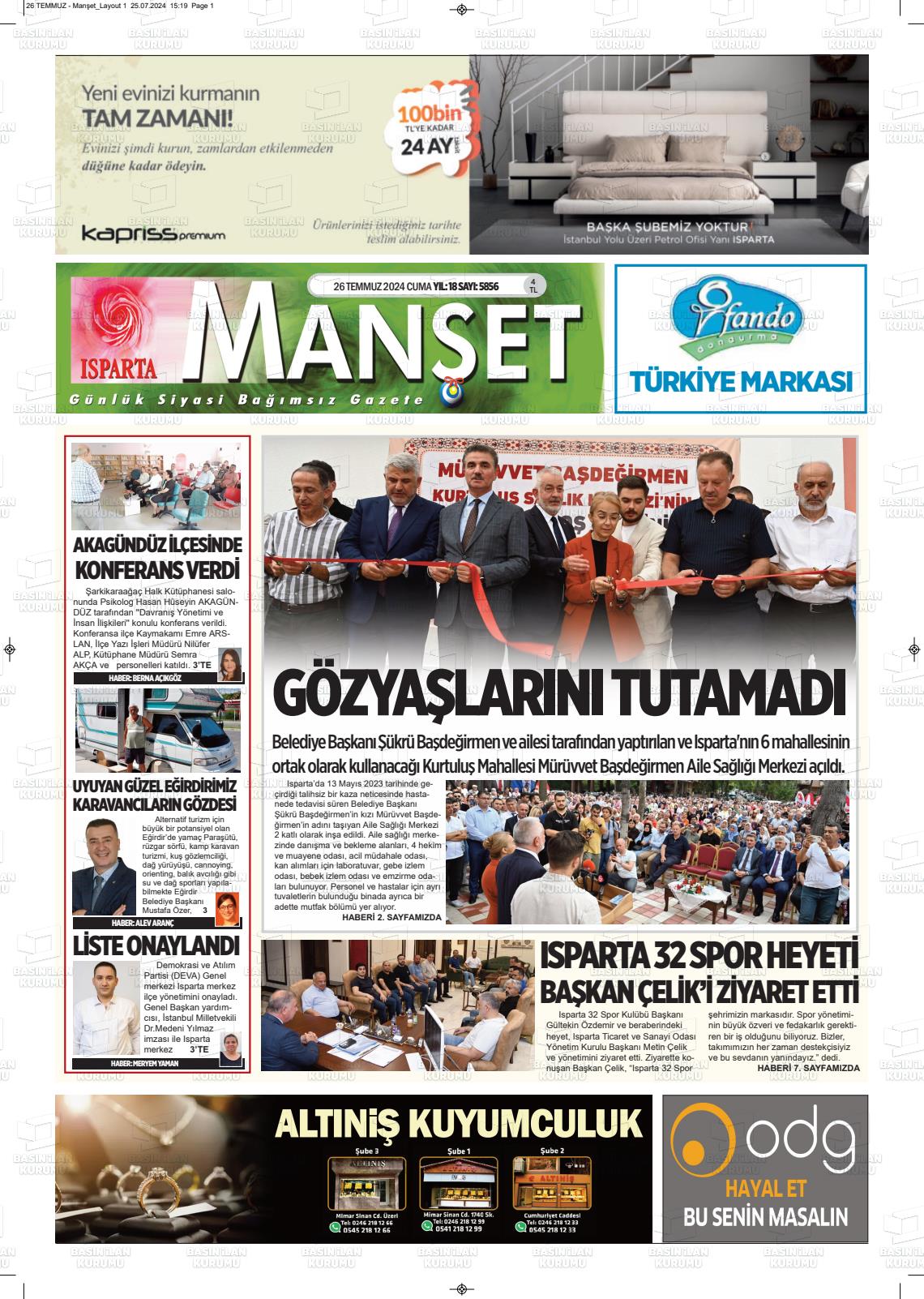27 Temmuz 2024 Isparta Manşet Gazete Manşeti