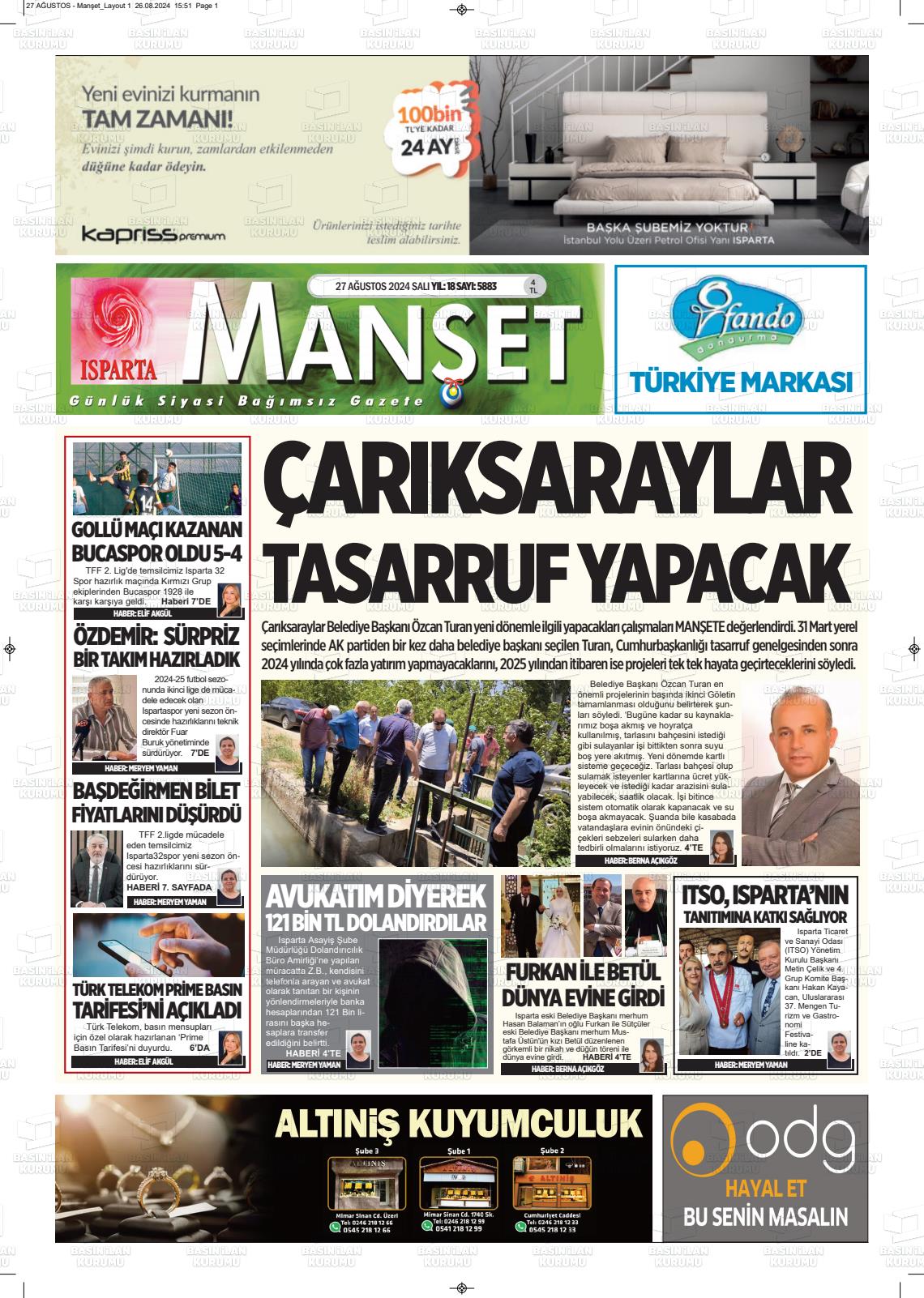 27 Ağustos 2024 Isparta Manşet Gazete Manşeti