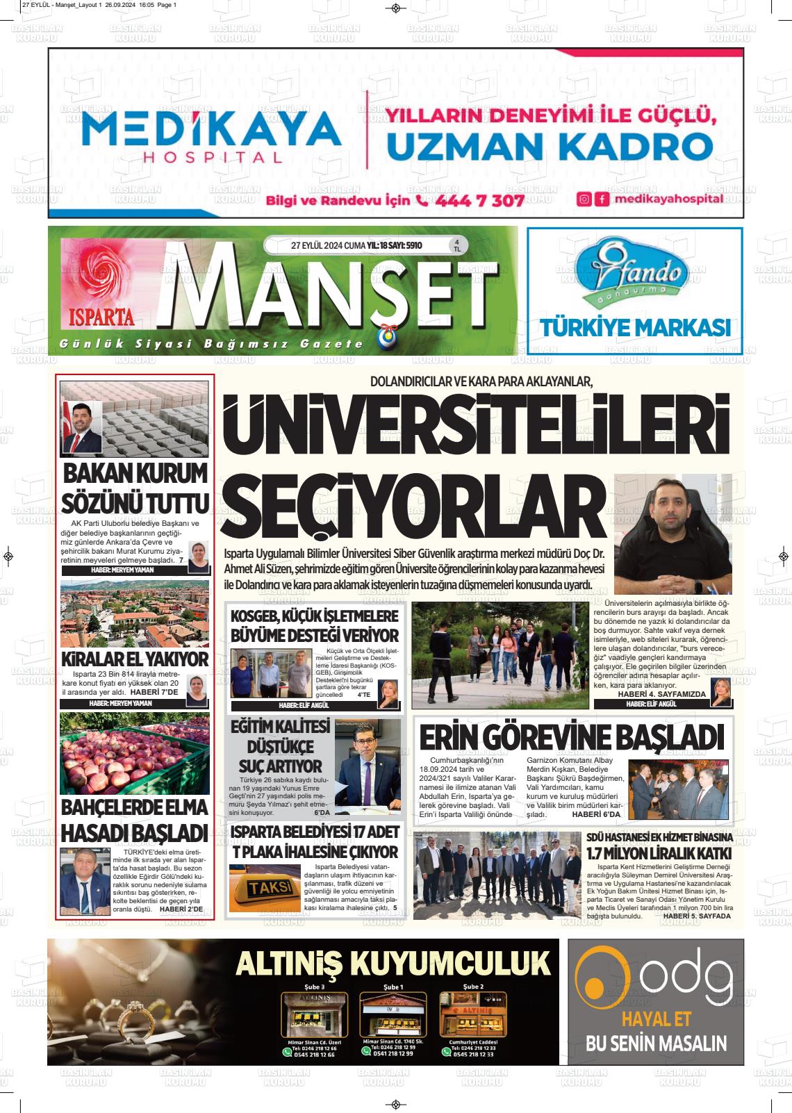 27 Eylül 2024 Isparta Manşet Gazete Manşeti