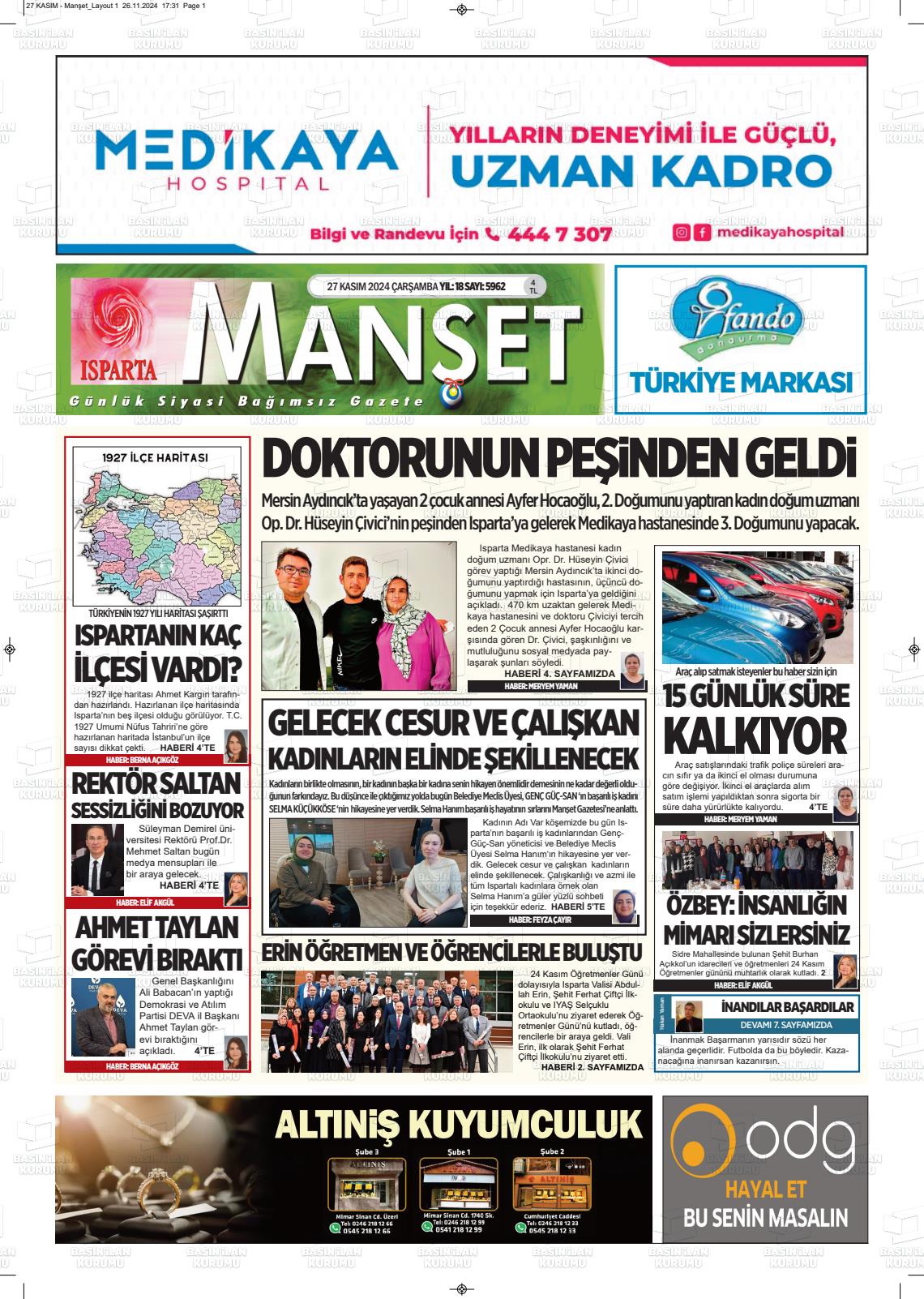 27 Kasım 2024 Isparta Manşet Gazete Manşeti