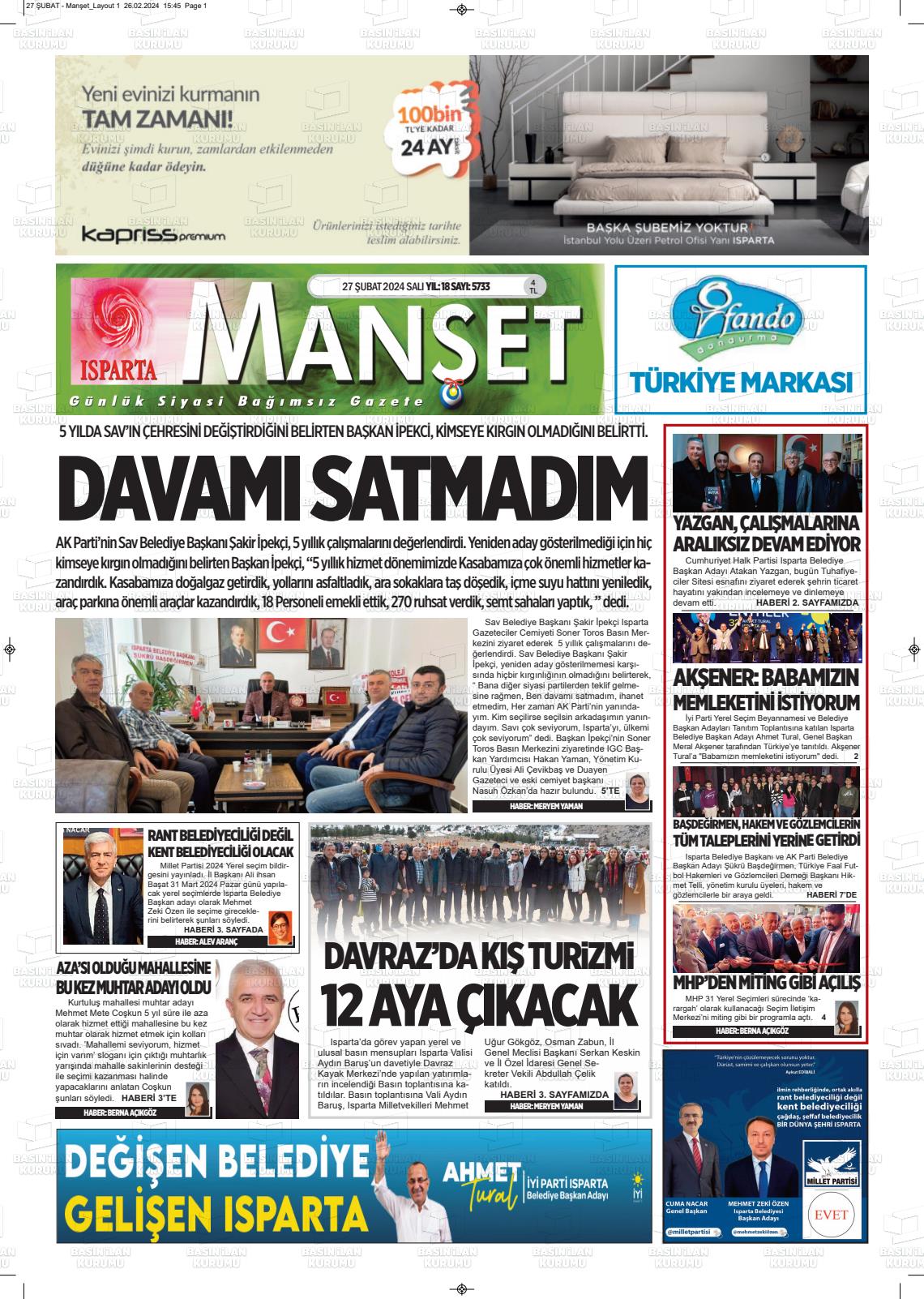 27 Şubat 2024 Isparta Manşet Gazete Manşeti