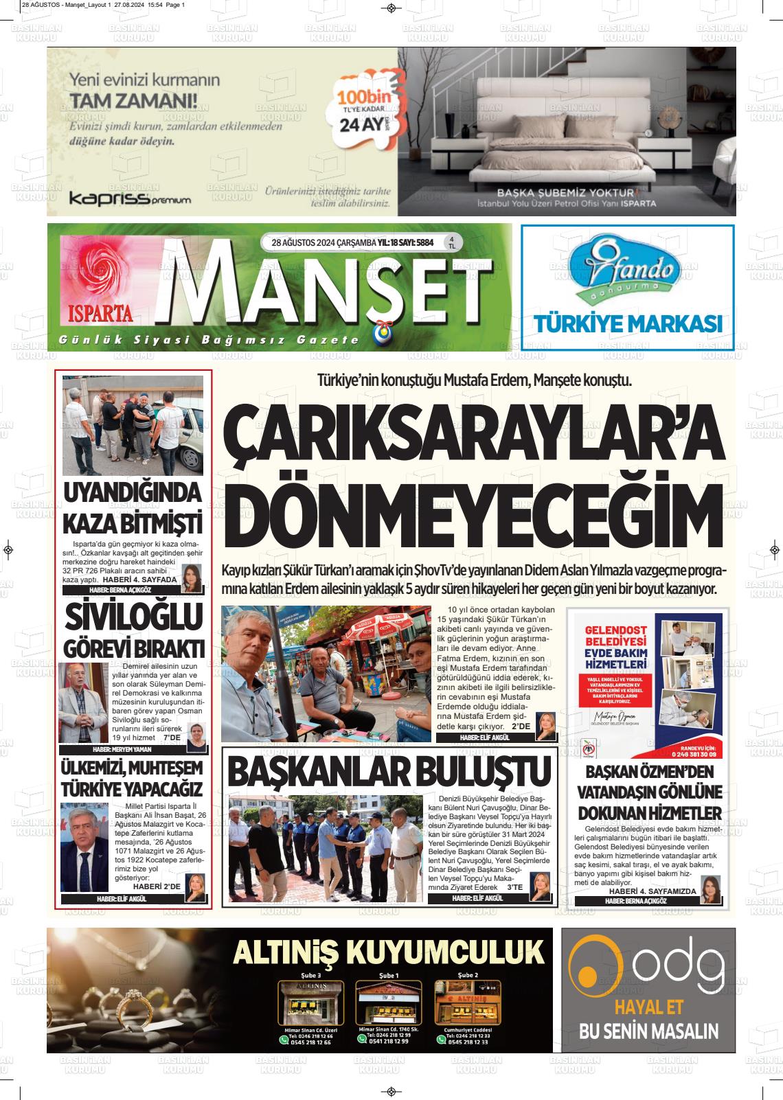 28 Ağustos 2024 Isparta Manşet Gazete Manşeti