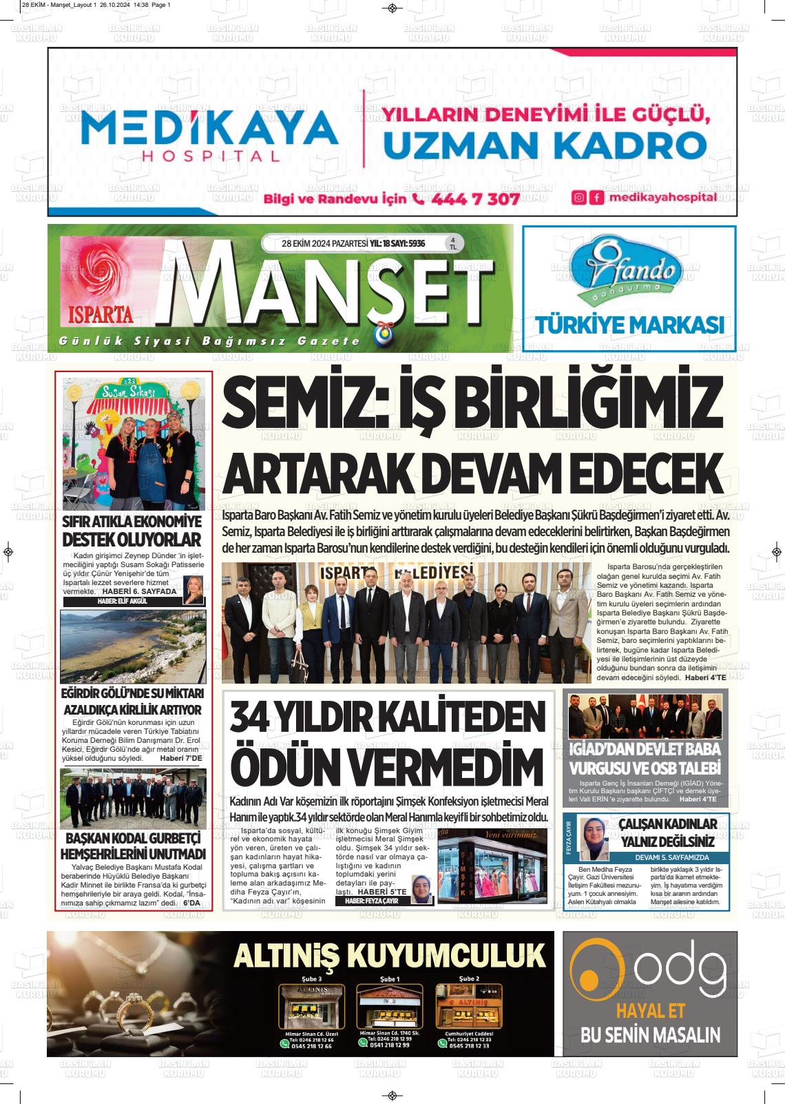 28 Ekim 2024 Isparta Manşet Gazete Manşeti