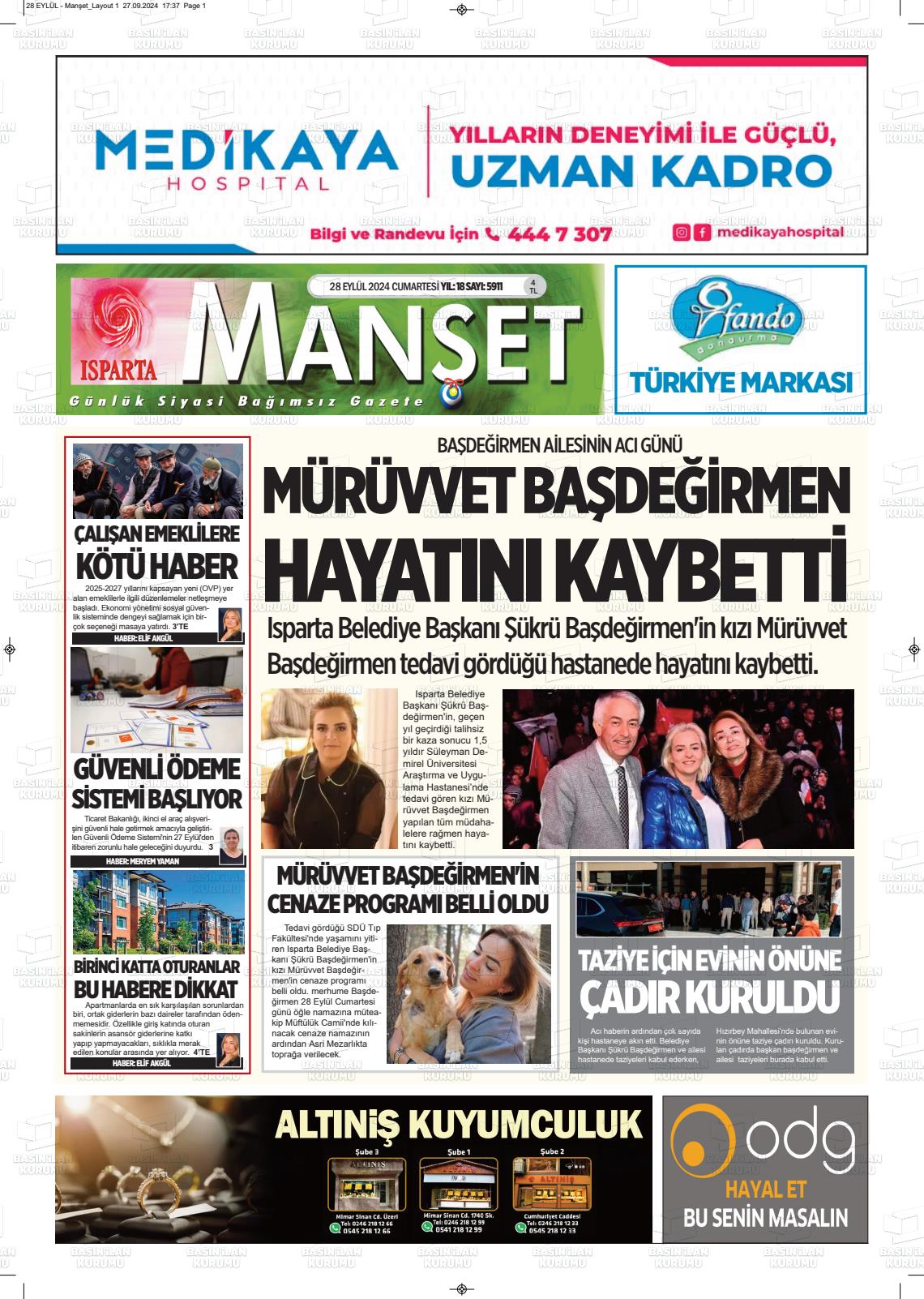 28 Eylül 2024 Isparta Manşet Gazete Manşeti