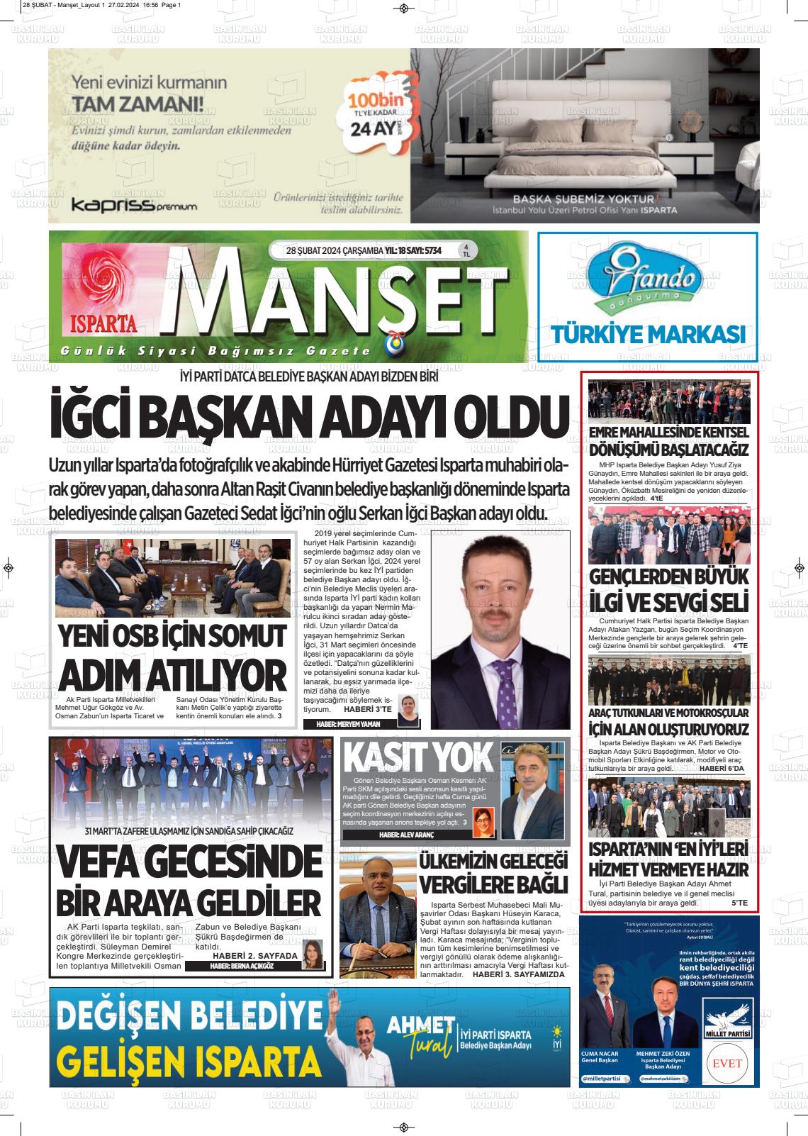 28 Şubat 2024 Isparta Manşet Gazete Manşeti