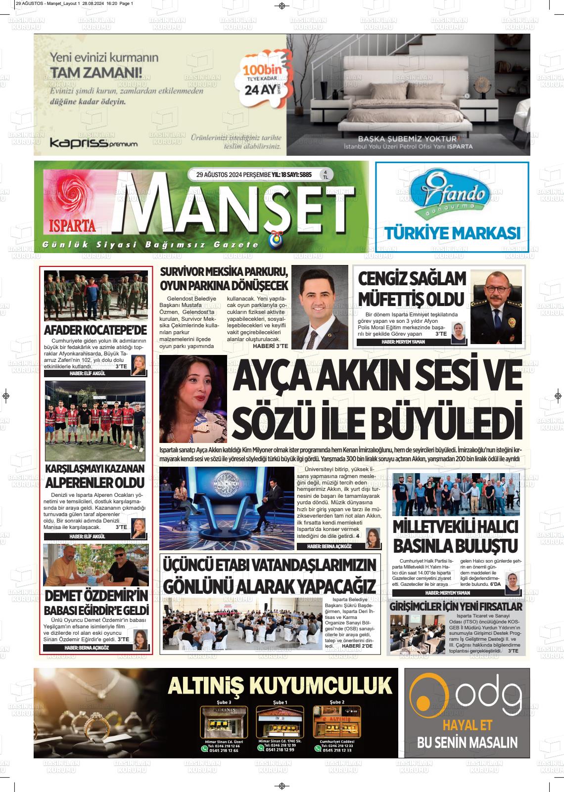 29 Ağustos 2024 Isparta Manşet Gazete Manşeti