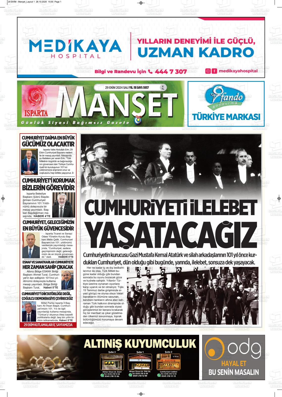 29 Ekim 2024 Isparta Manşet Gazete Manşeti