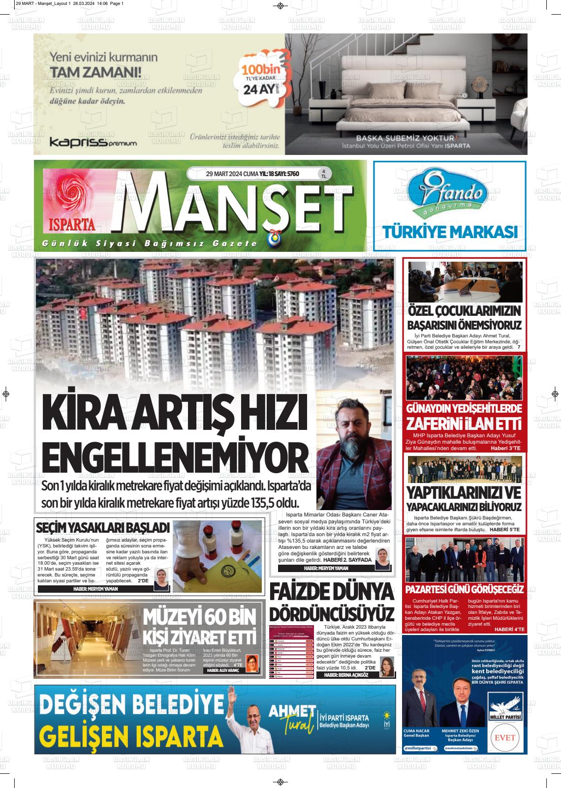 29 Mart 2024 Isparta Manşet Gazete Manşeti