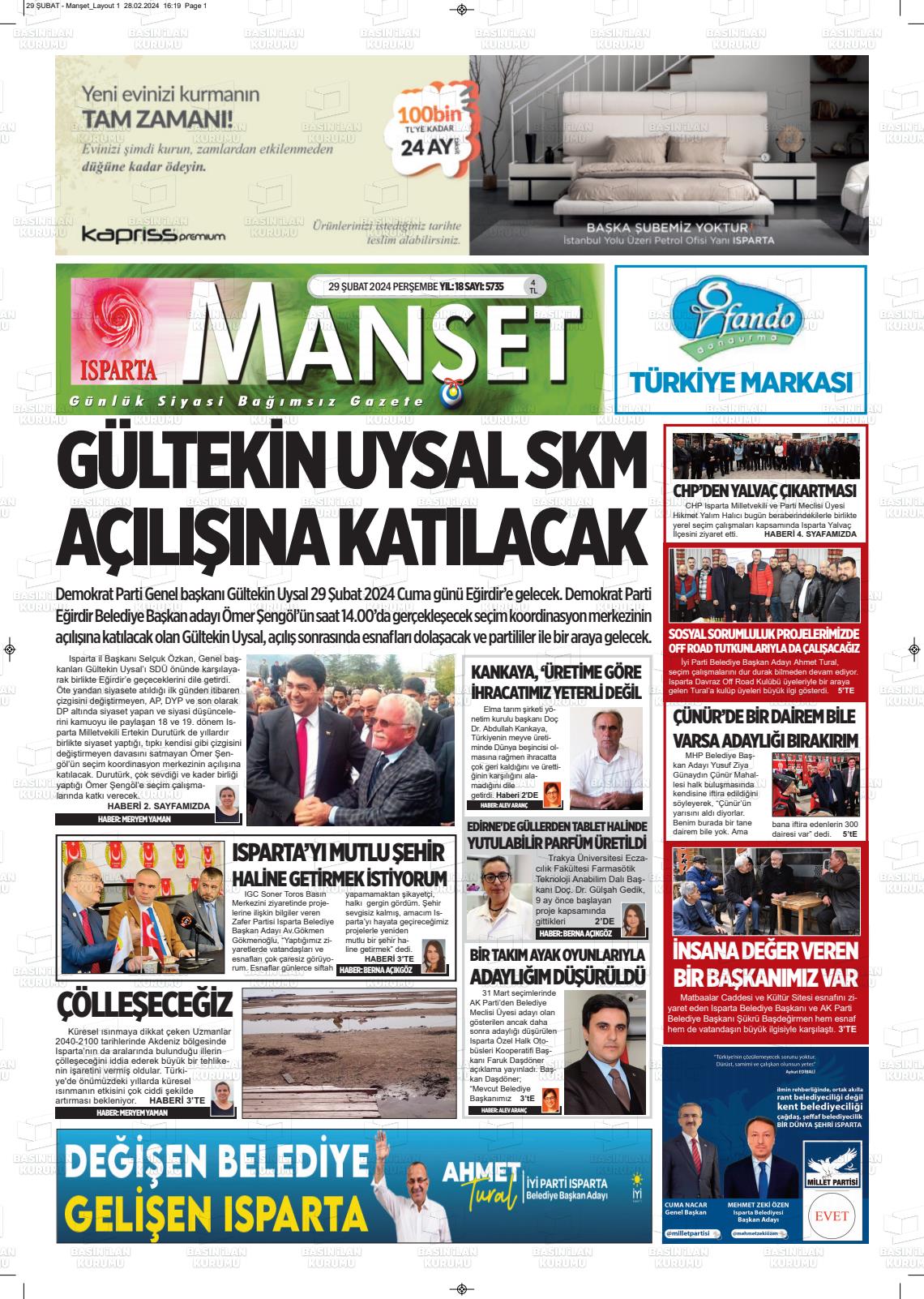 29 Şubat 2024 Isparta Manşet Gazete Manşeti