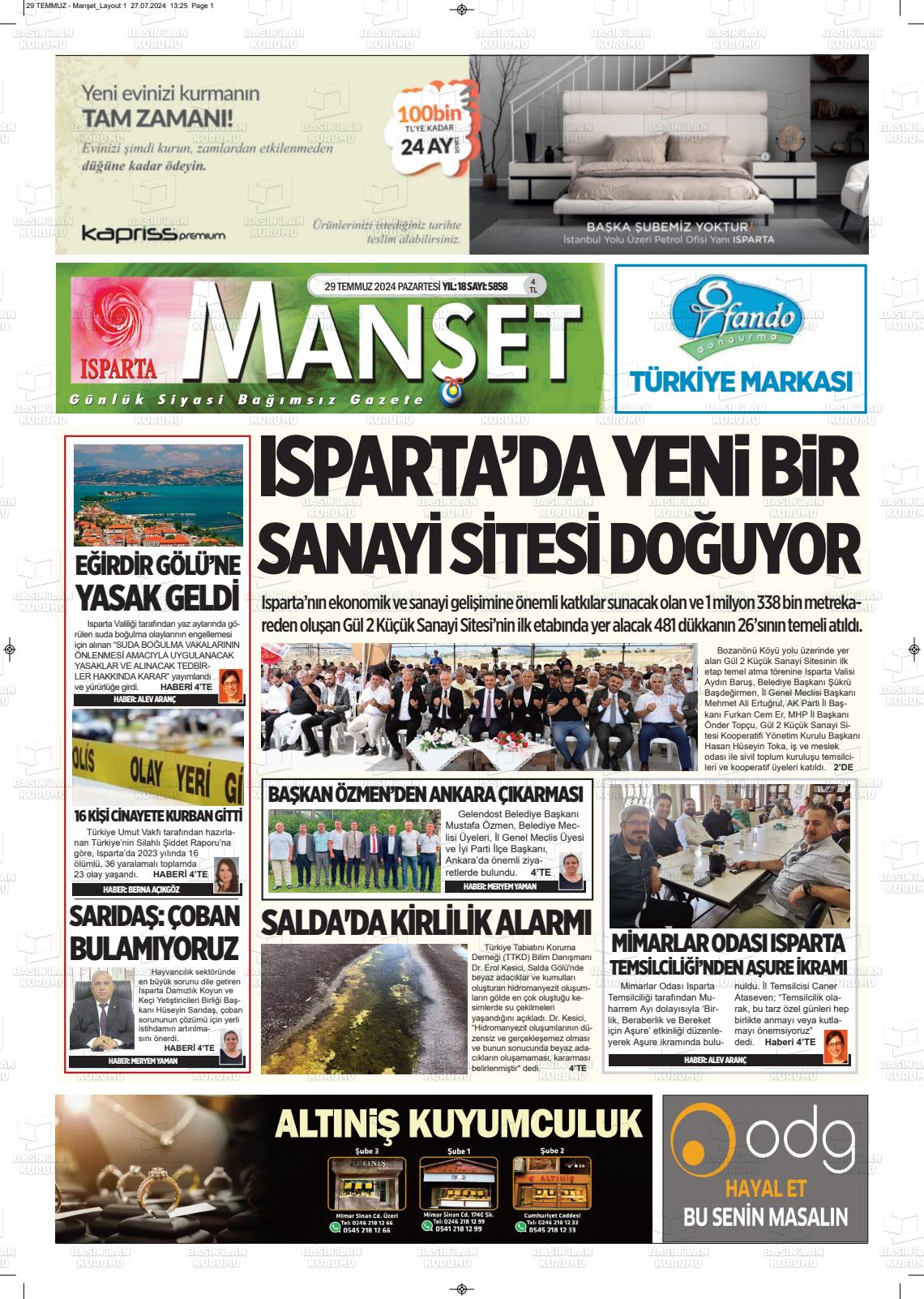 29 Temmuz 2024 Isparta Manşet Gazete Manşeti