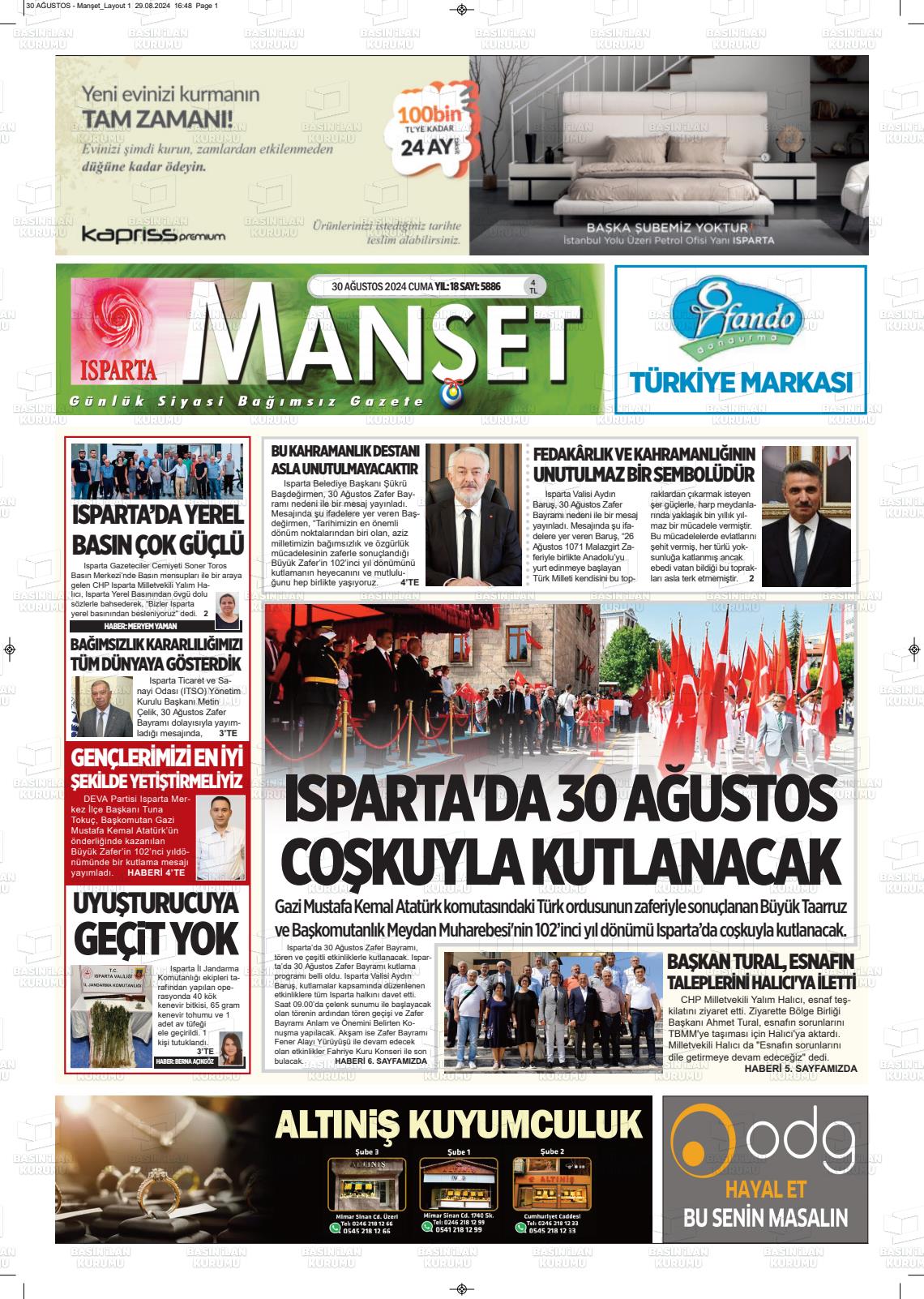 30 Ağustos 2024 Isparta Manşet Gazete Manşeti