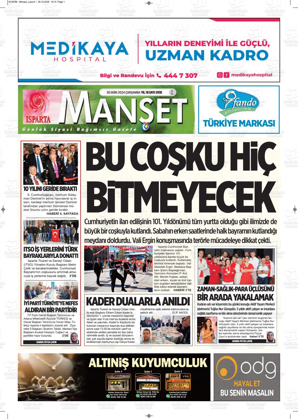 30 Ekim 2024 Isparta Manşet Gazete Manşeti