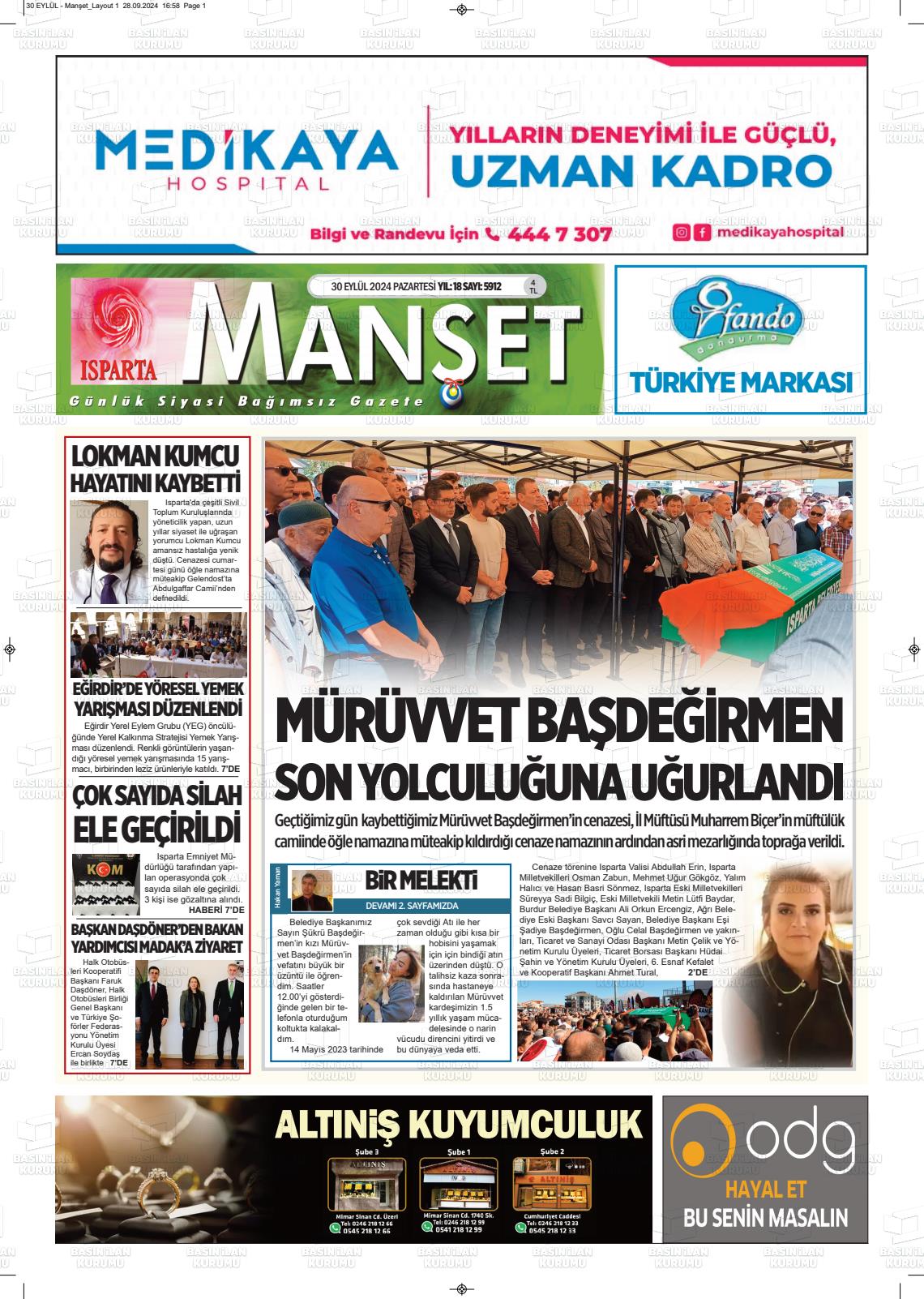 30 Eylül 2024 Isparta Manşet Gazete Manşeti