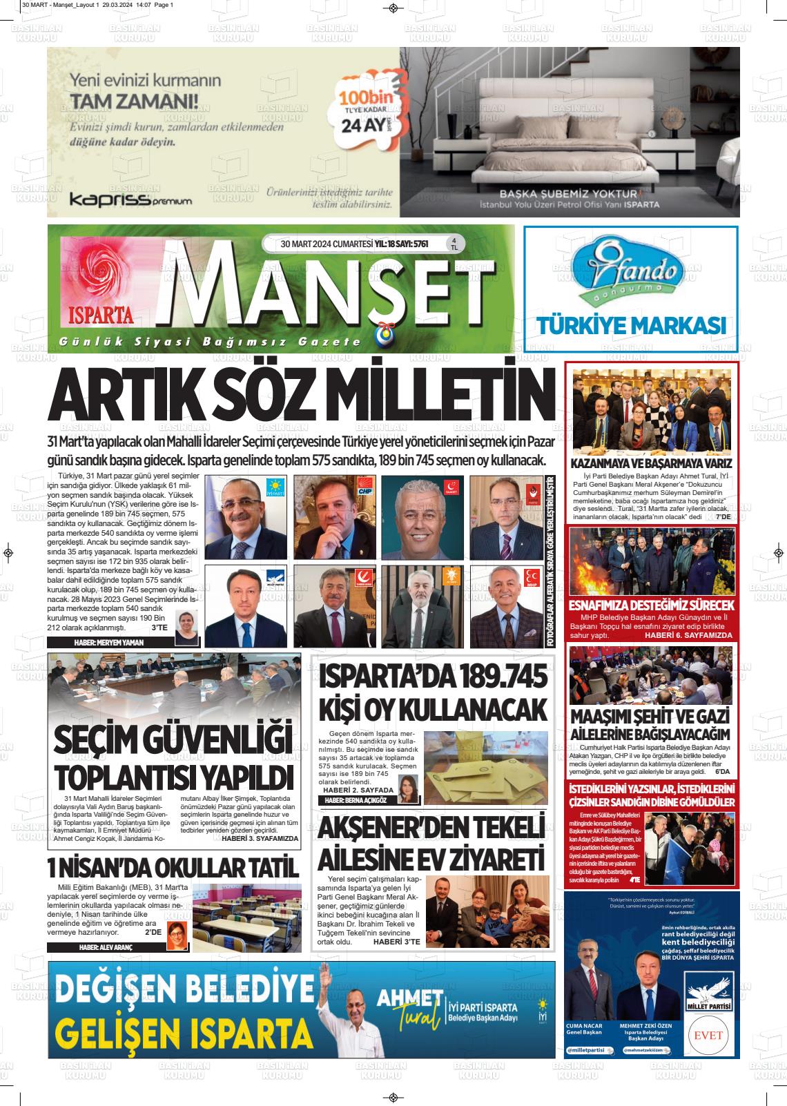 30 Mart 2024 Isparta Manşet Gazete Manşeti