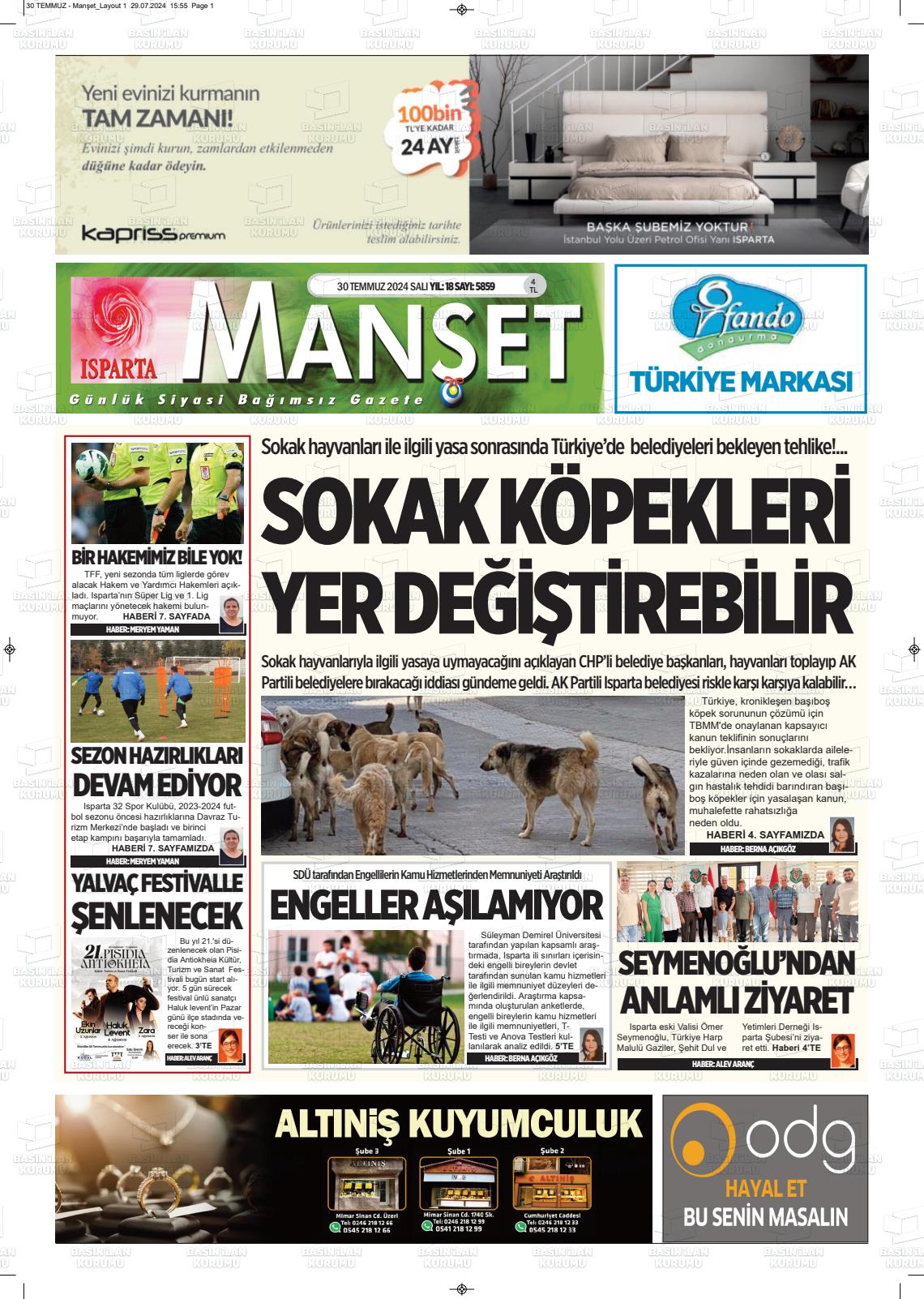 30 Temmuz 2024 Isparta Manşet Gazete Manşeti