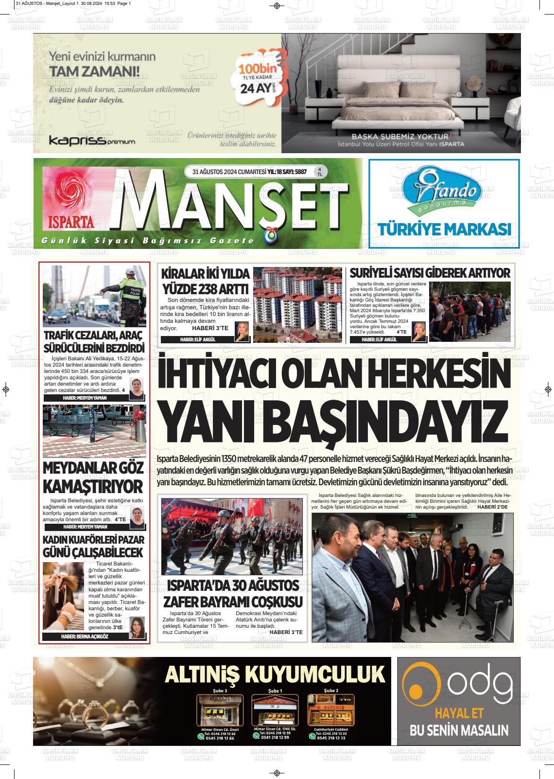 31 Ağustos 2024 Isparta Manşet Gazete Manşeti