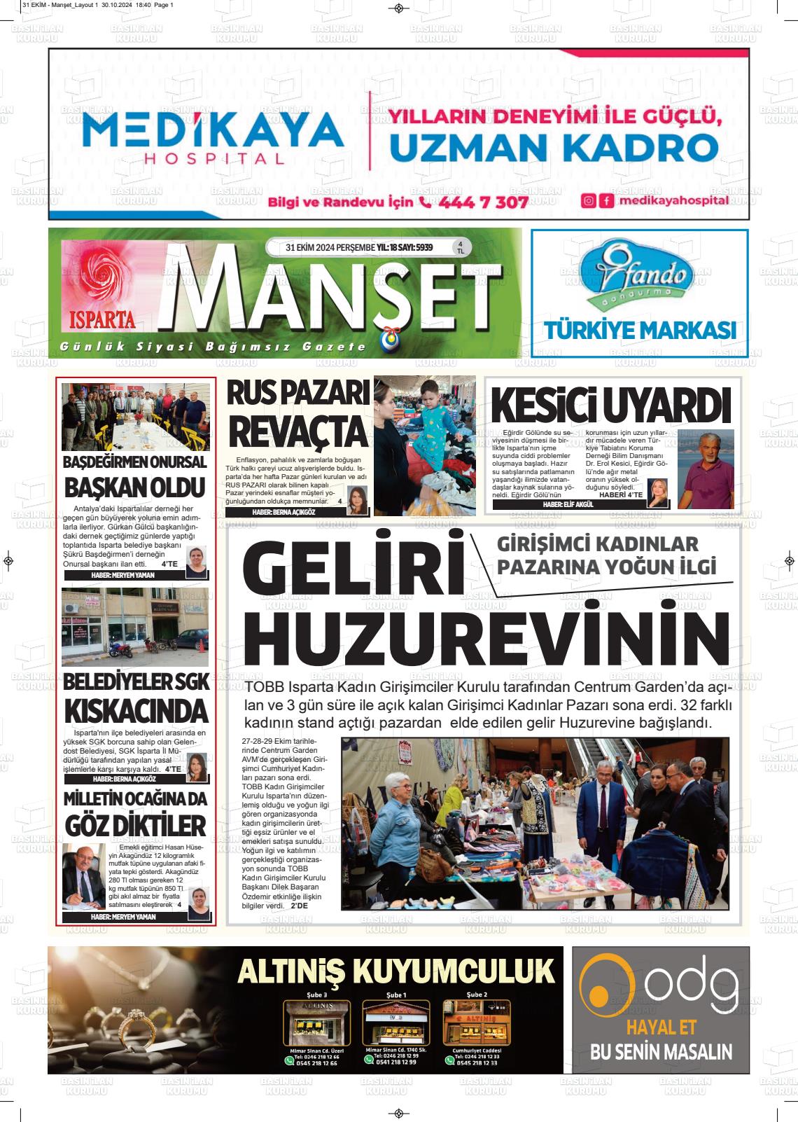 31 Ekim 2024 Isparta Manşet Gazete Manşeti