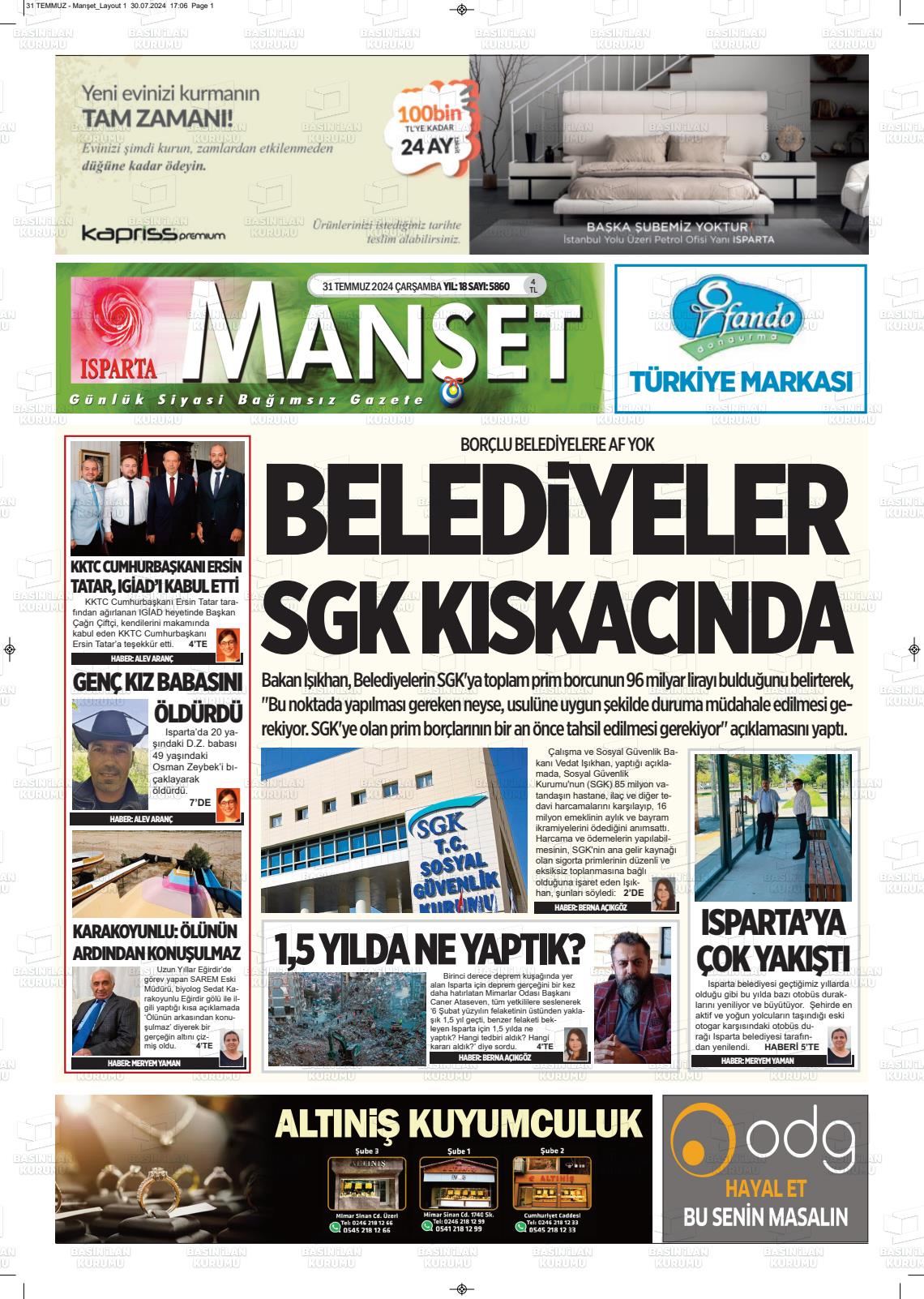 31 Temmuz 2024 Isparta Manşet Gazete Manşeti