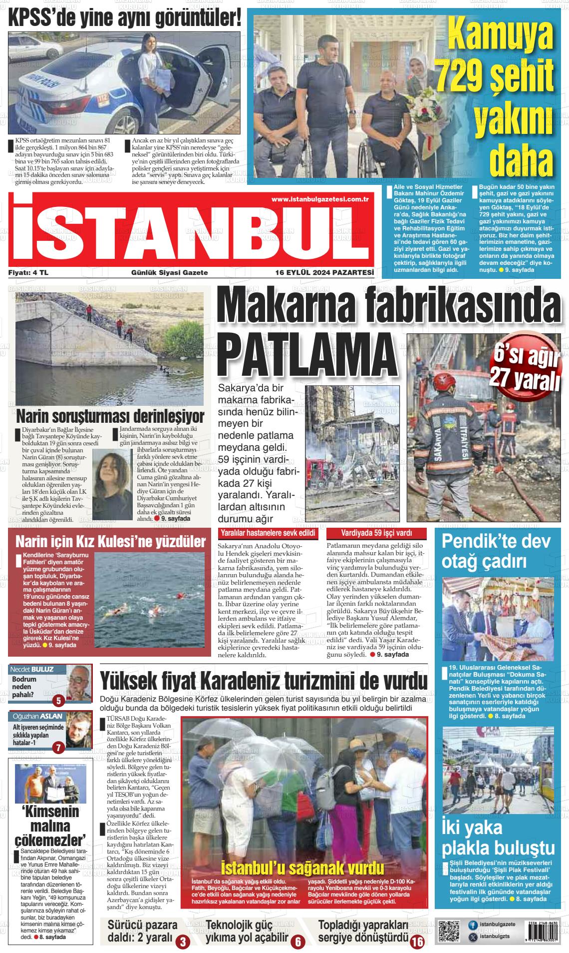 16 Eylül 2024 İstanbul Gazete Manşeti