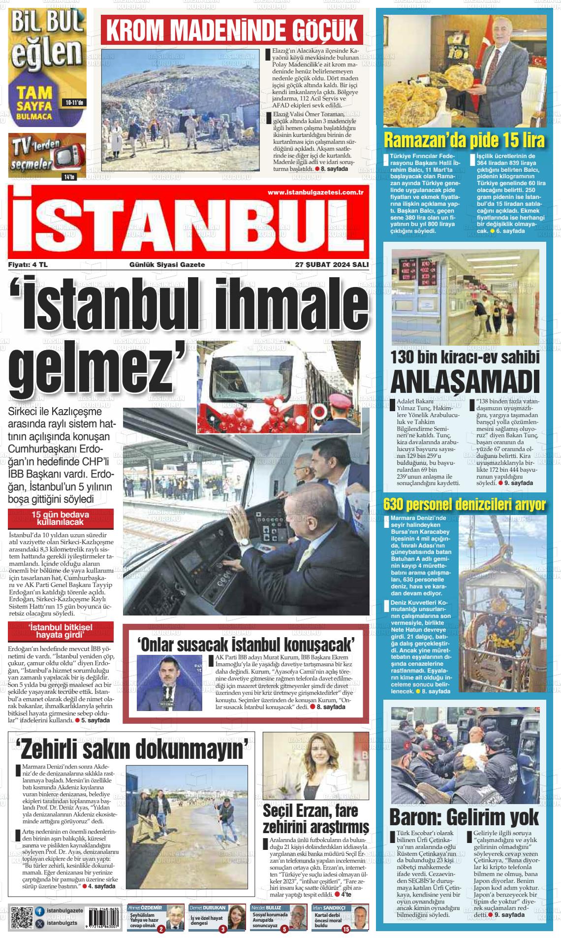 27 Şubat 2024 İstanbul Gazete Manşeti