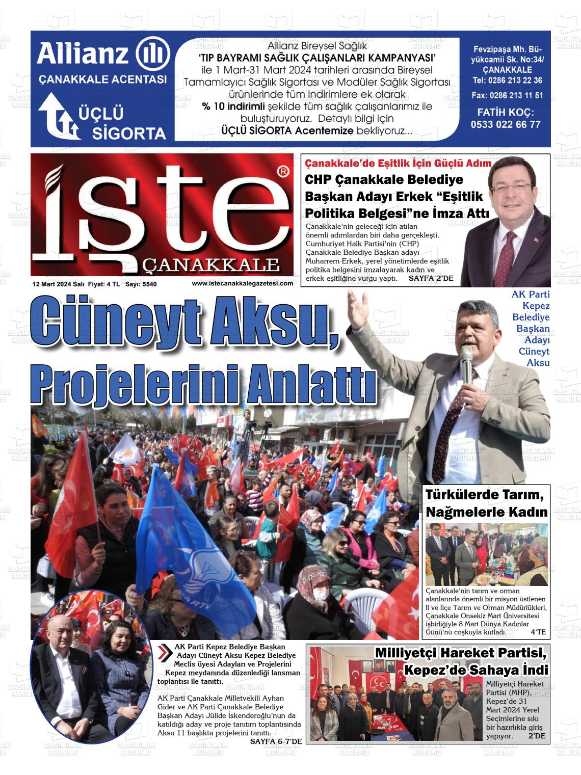 12 Mart 2024 İşte Çanakkale Gazete Manşeti