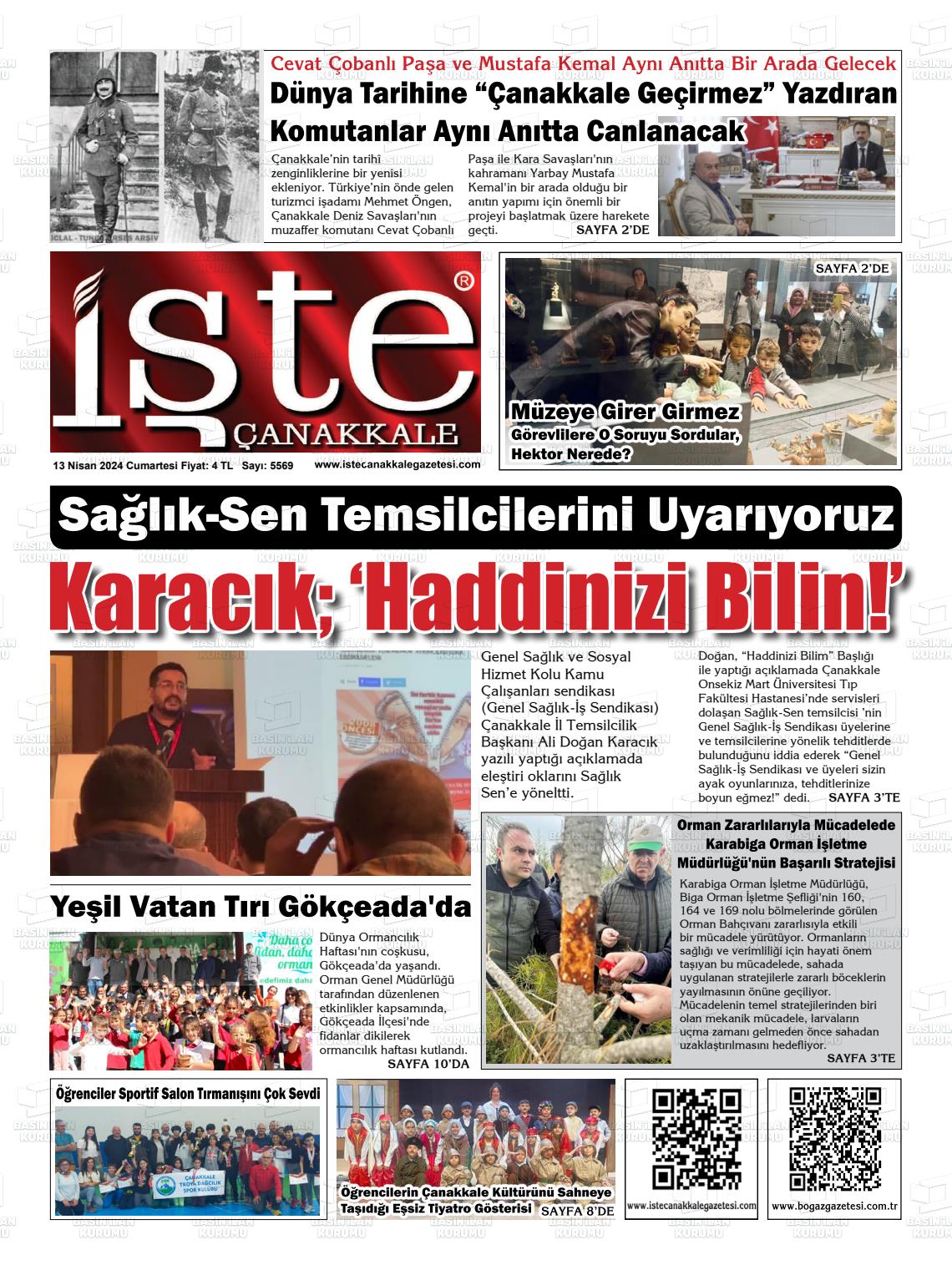 13 Nisan 2024 İşte Çanakkale Gazete Manşeti