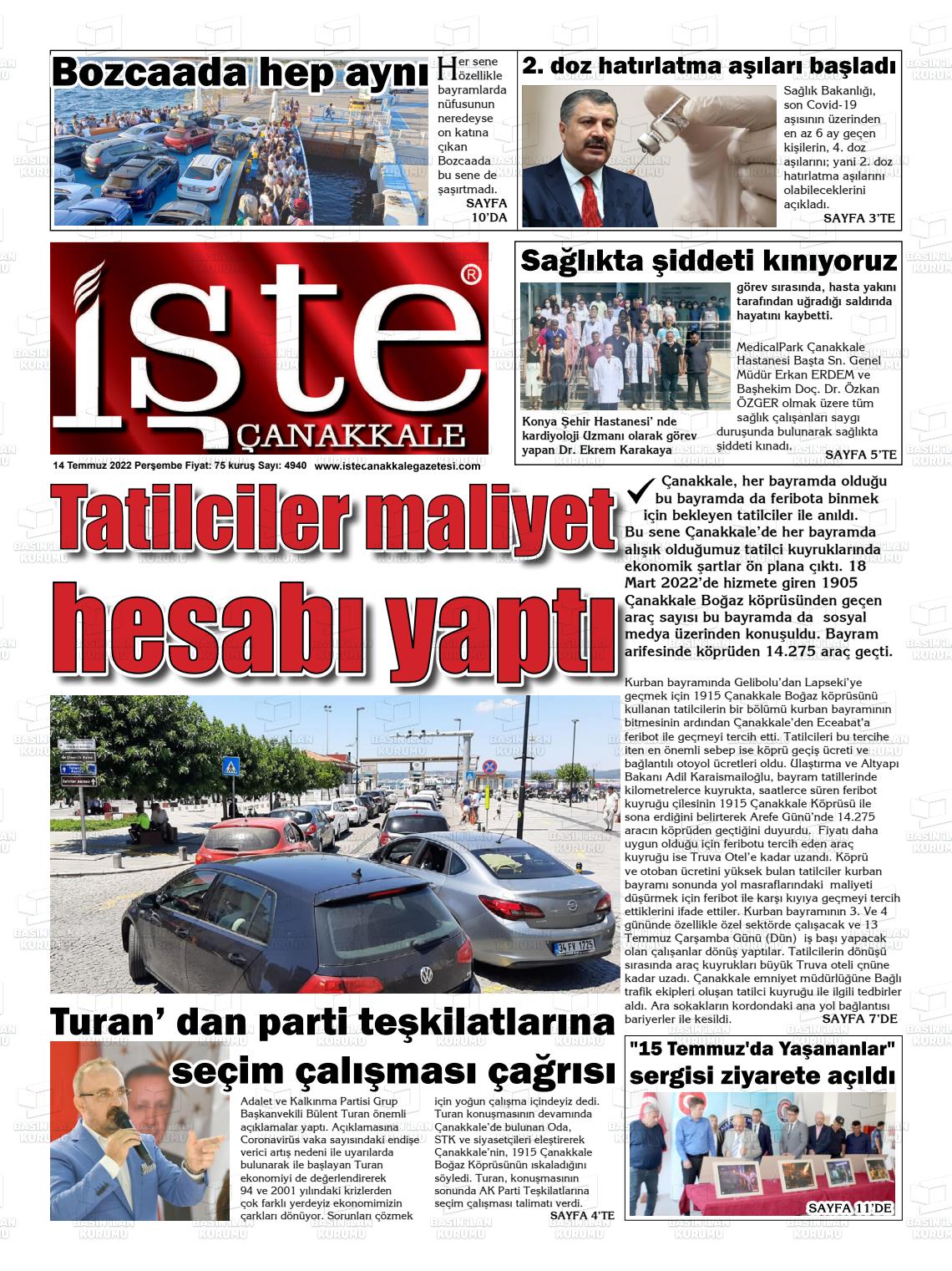 14 Temmuz 2022 İşte Çanakkale Gazete Manşeti