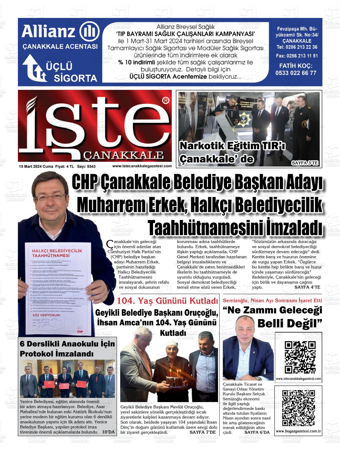 15 Mart 2024 İşte Çanakkale Gazete Manşeti