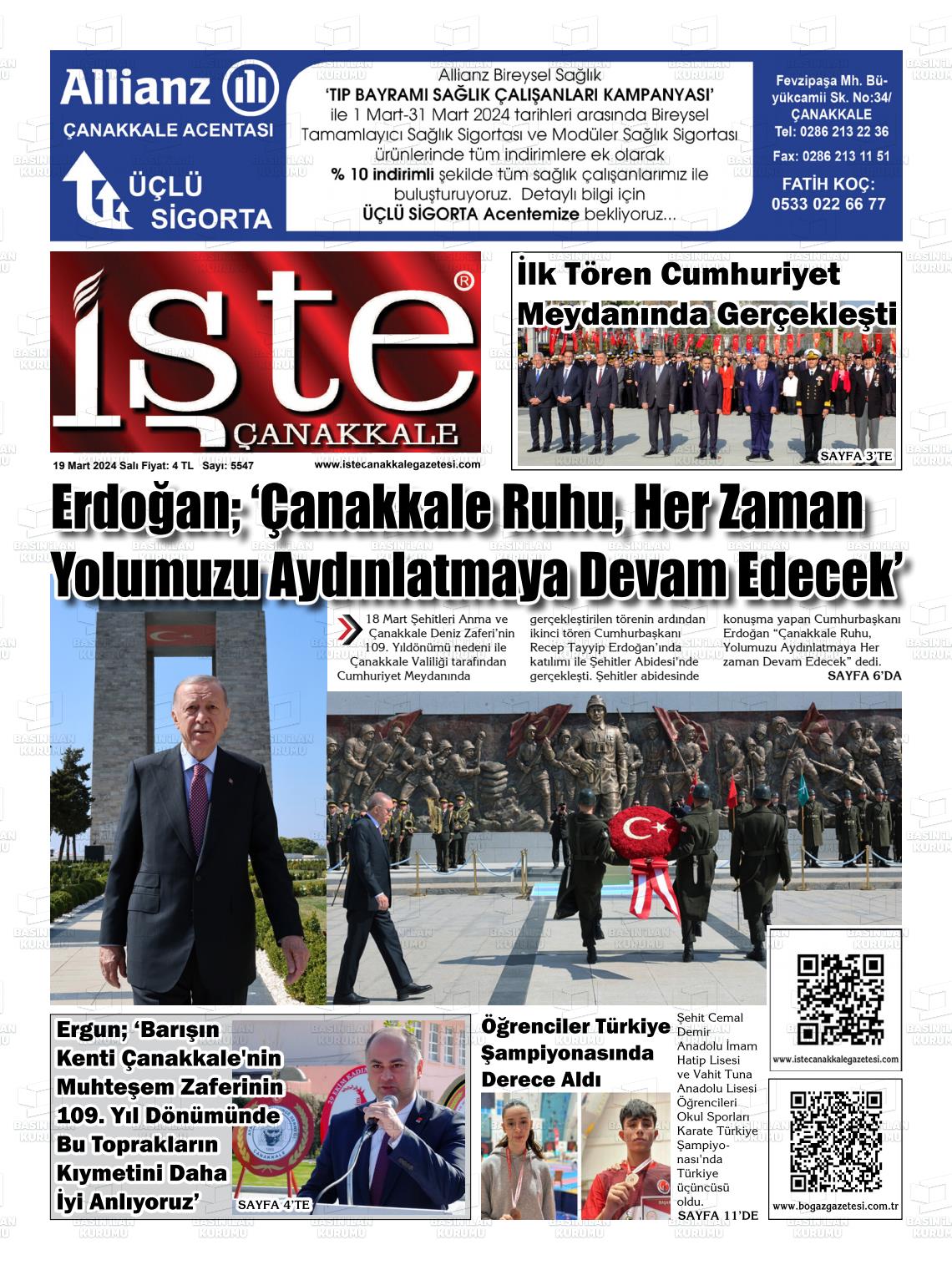 19 Mart 2024 İşte Çanakkale Gazete Manşeti