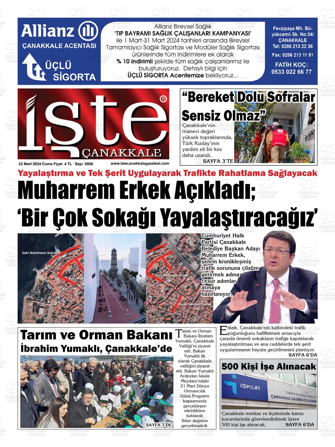 22 Mart 2024 İşte Çanakkale Gazete Manşeti