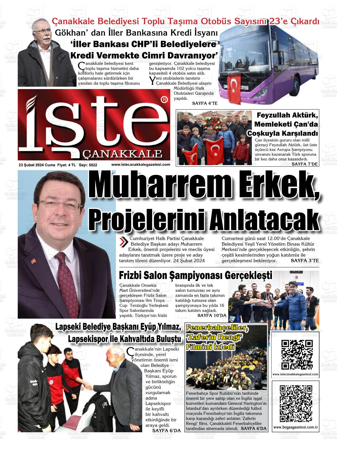 23 Şubat 2024 İşte Çanakkale Gazete Manşeti