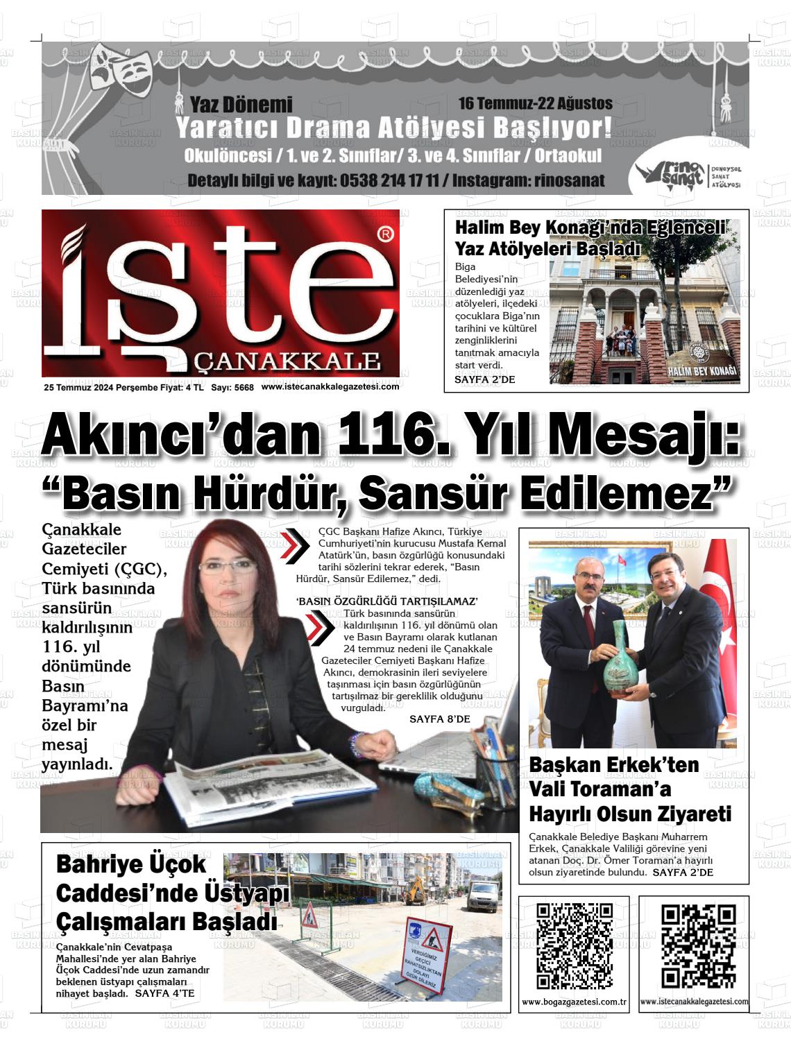 25 Temmuz 2024 İşte Çanakkale Gazete Manşeti